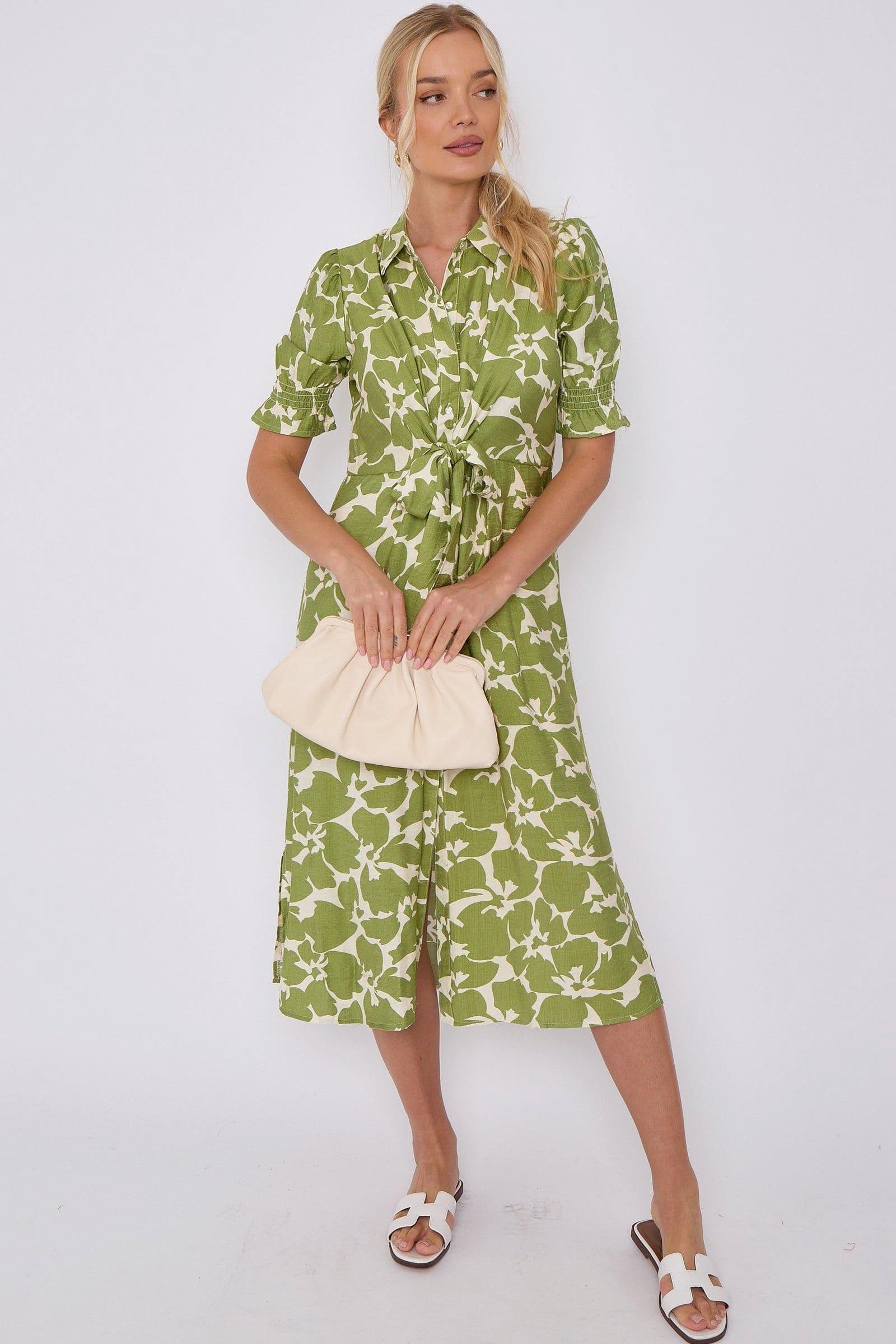 Flower Print Baloon Sleeve Knotted Midi Dress