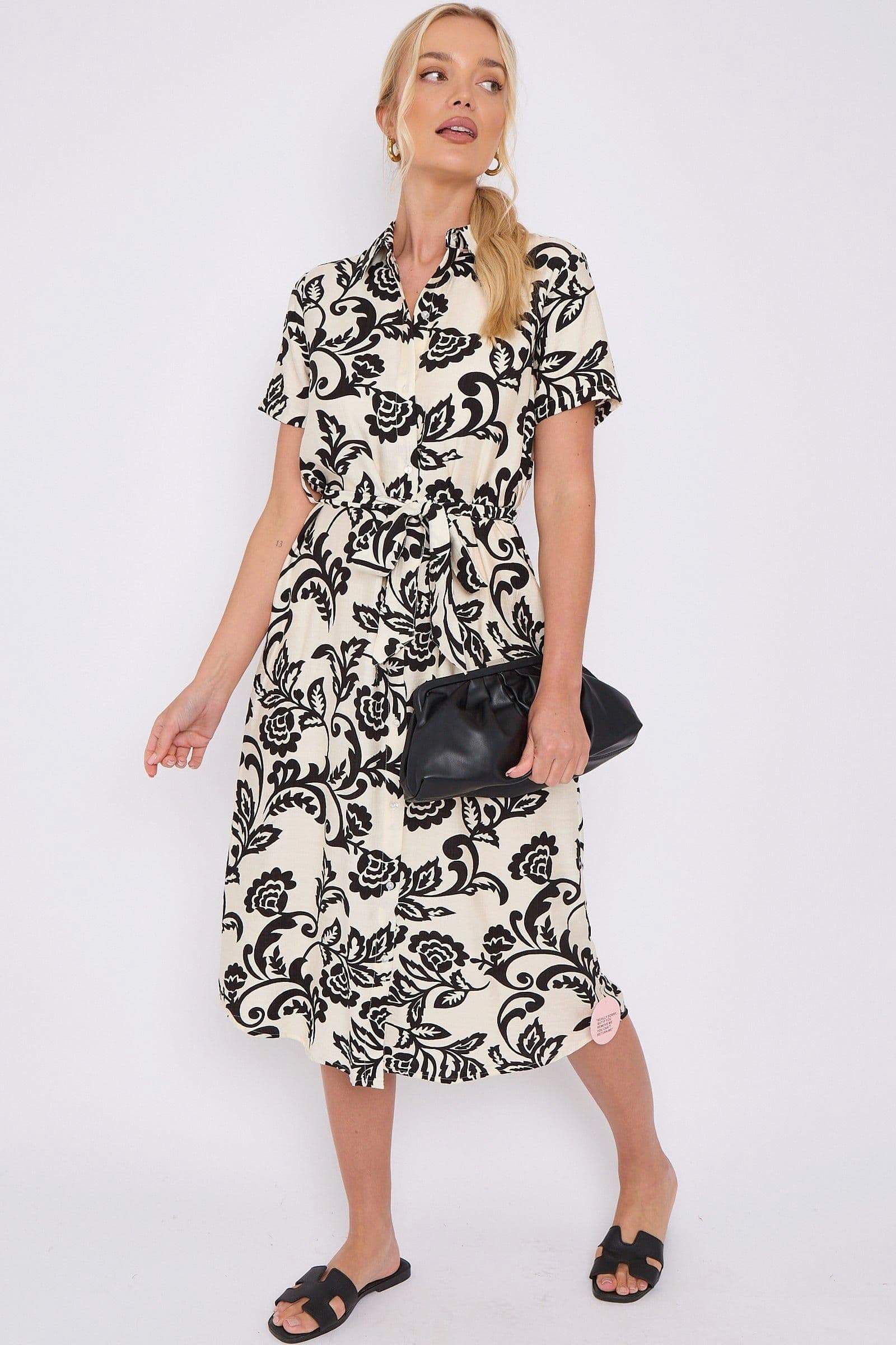 Floral Print Short Sleeve Midi Shirt Dress