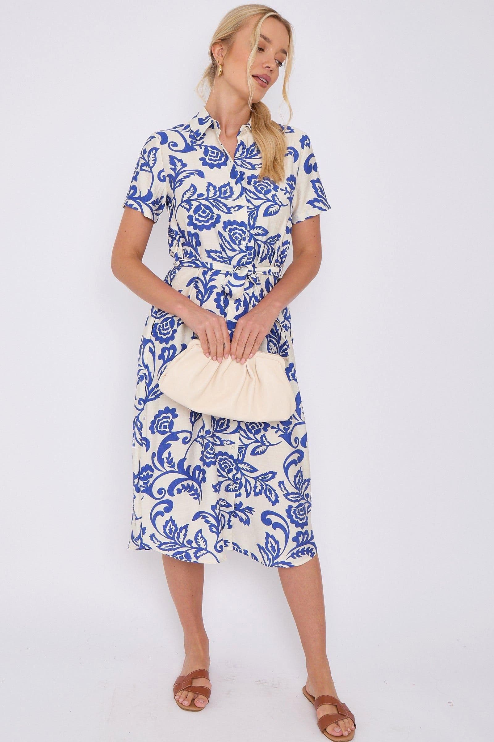 Floral Print Short Sleeve Midi Shirt Dress