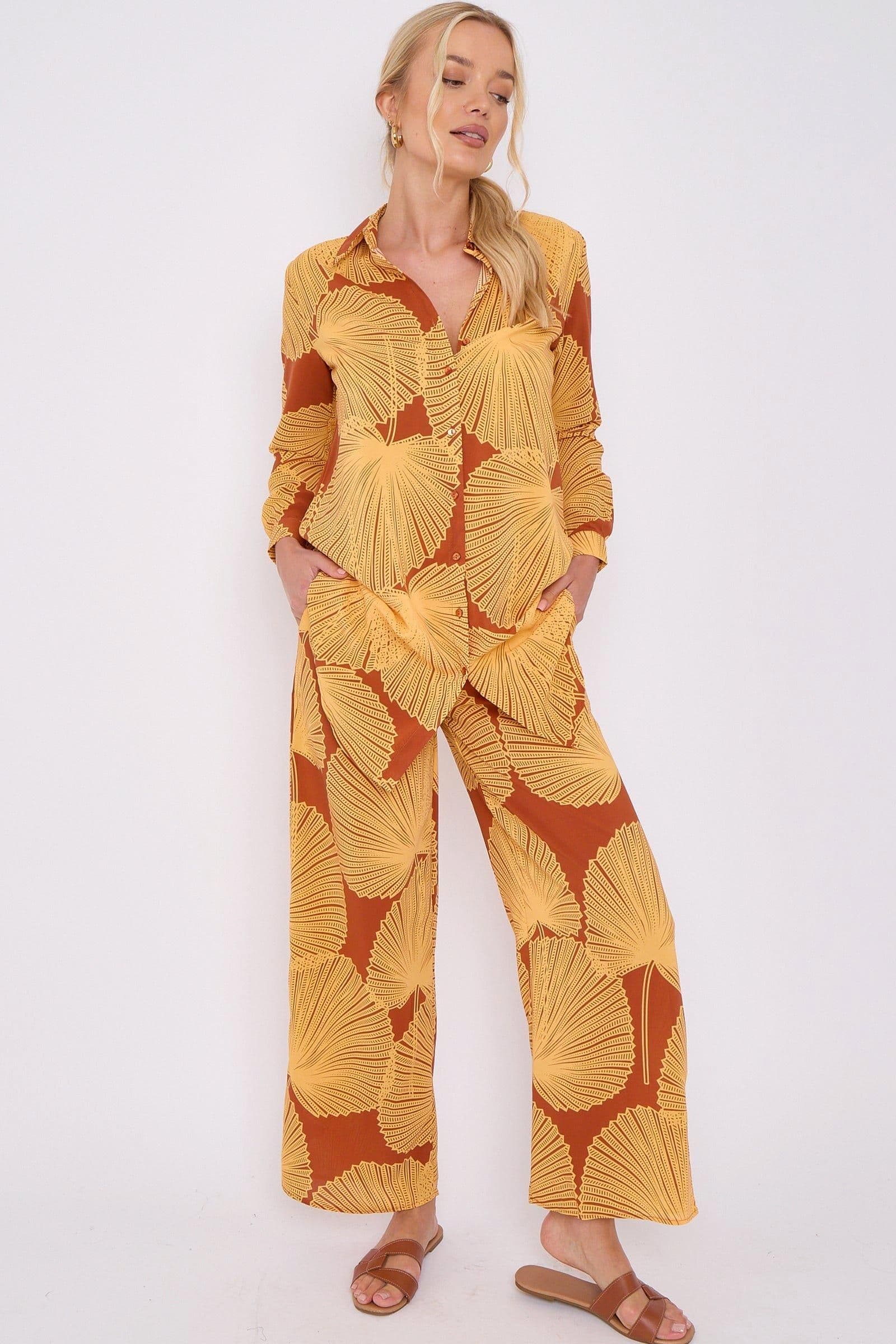 Abstract Leaf Print Co ord Shirt Trousers Set