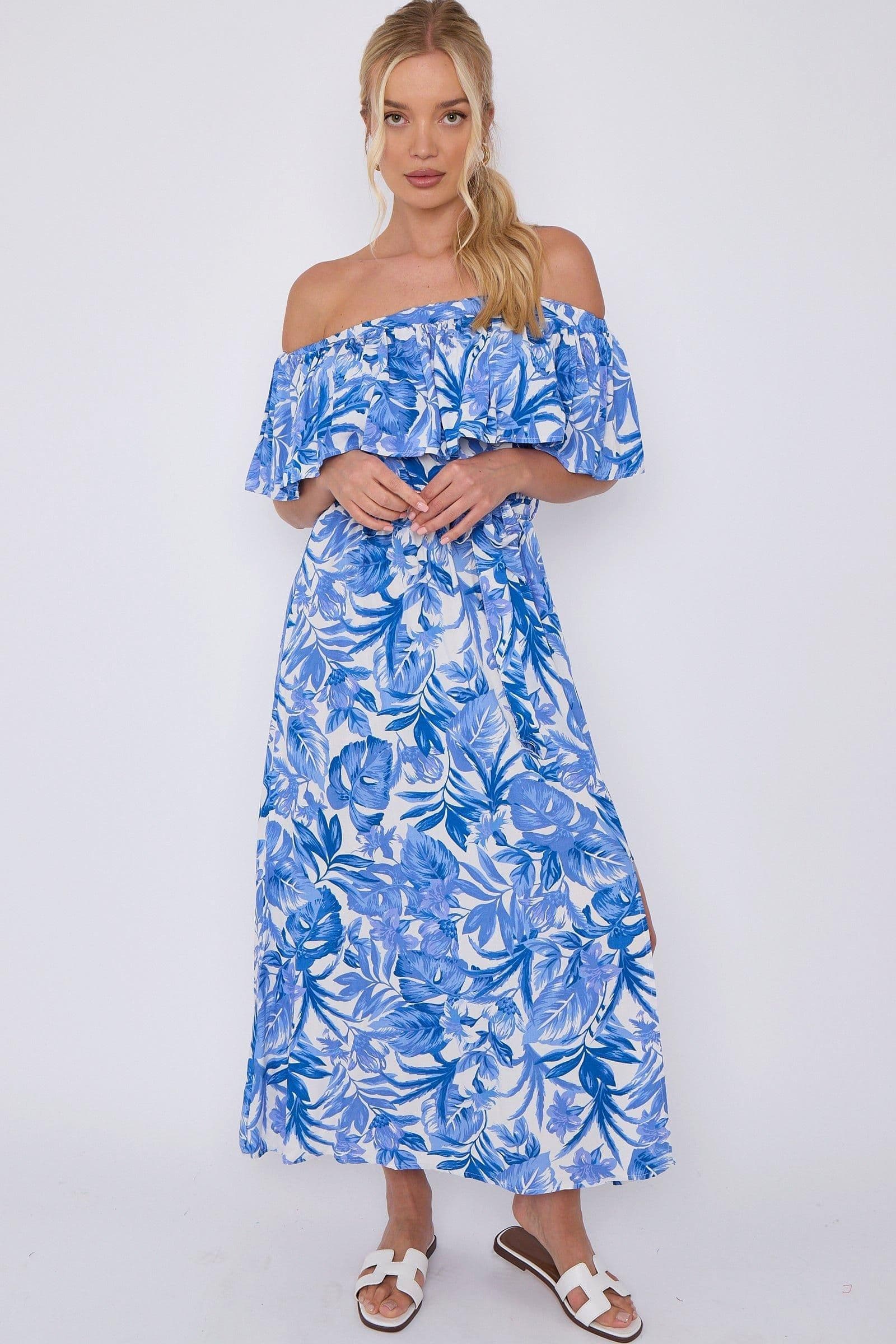 Leaf Floral Print Bardot Maxi Dress