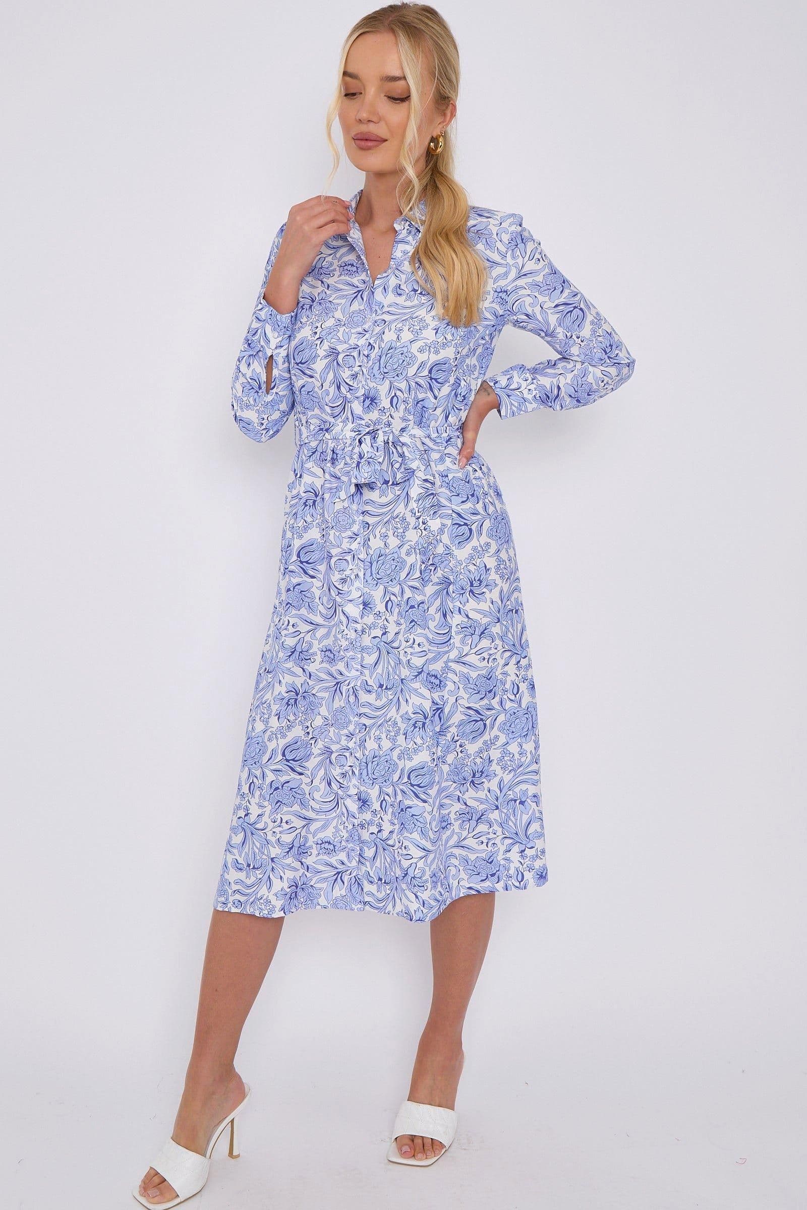 Rose Floral Print Long Sleeve Midi Shirt Dress