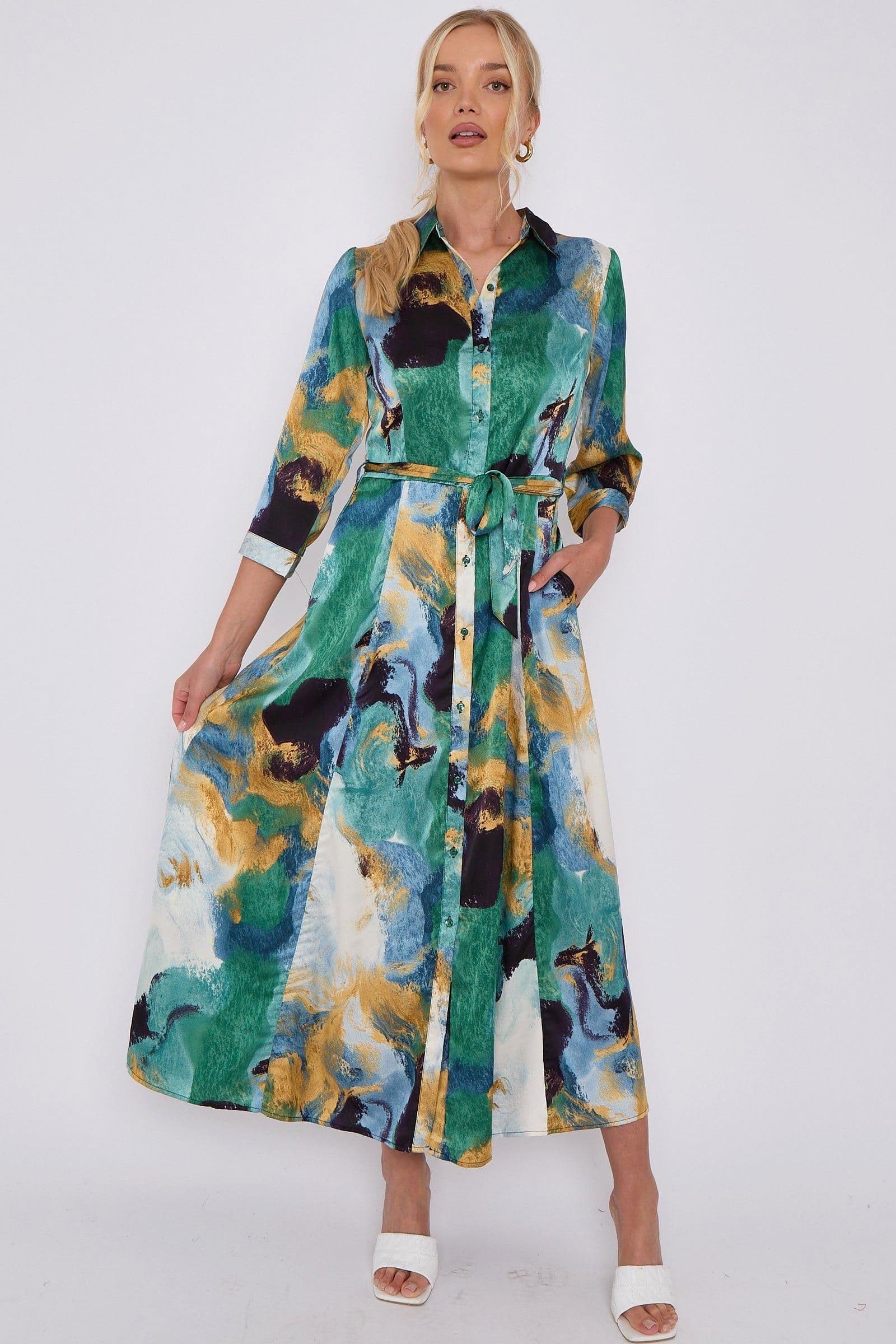 Abstract Print Satin Maxi Shirt Dress