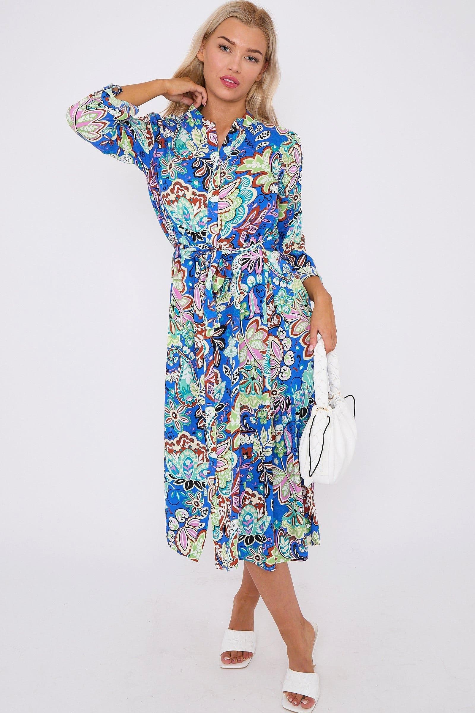 Multi Floral Print Long Sleeve Midi Dress