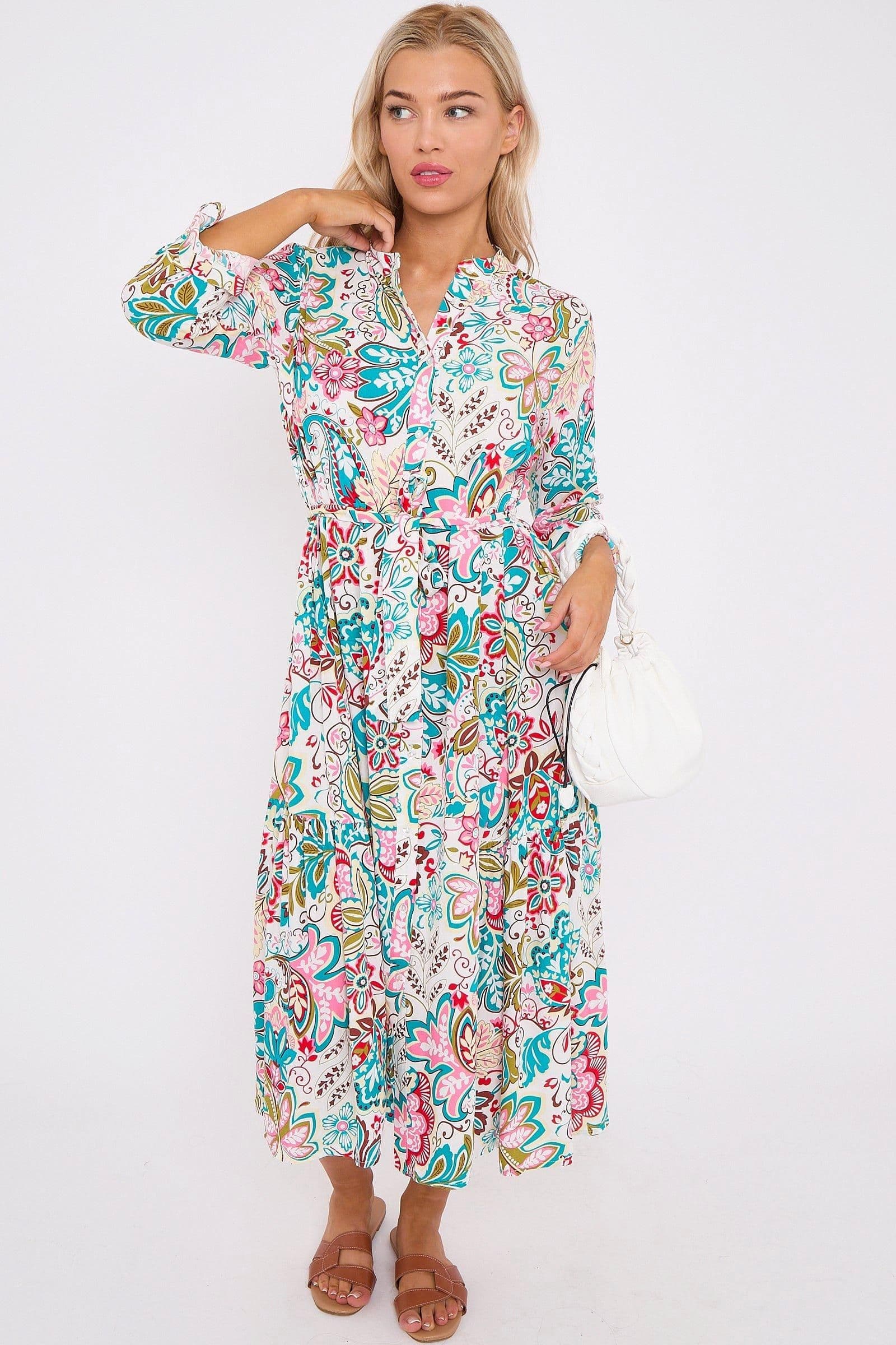 Multi Floral Print Long Sleeve Midi Dress