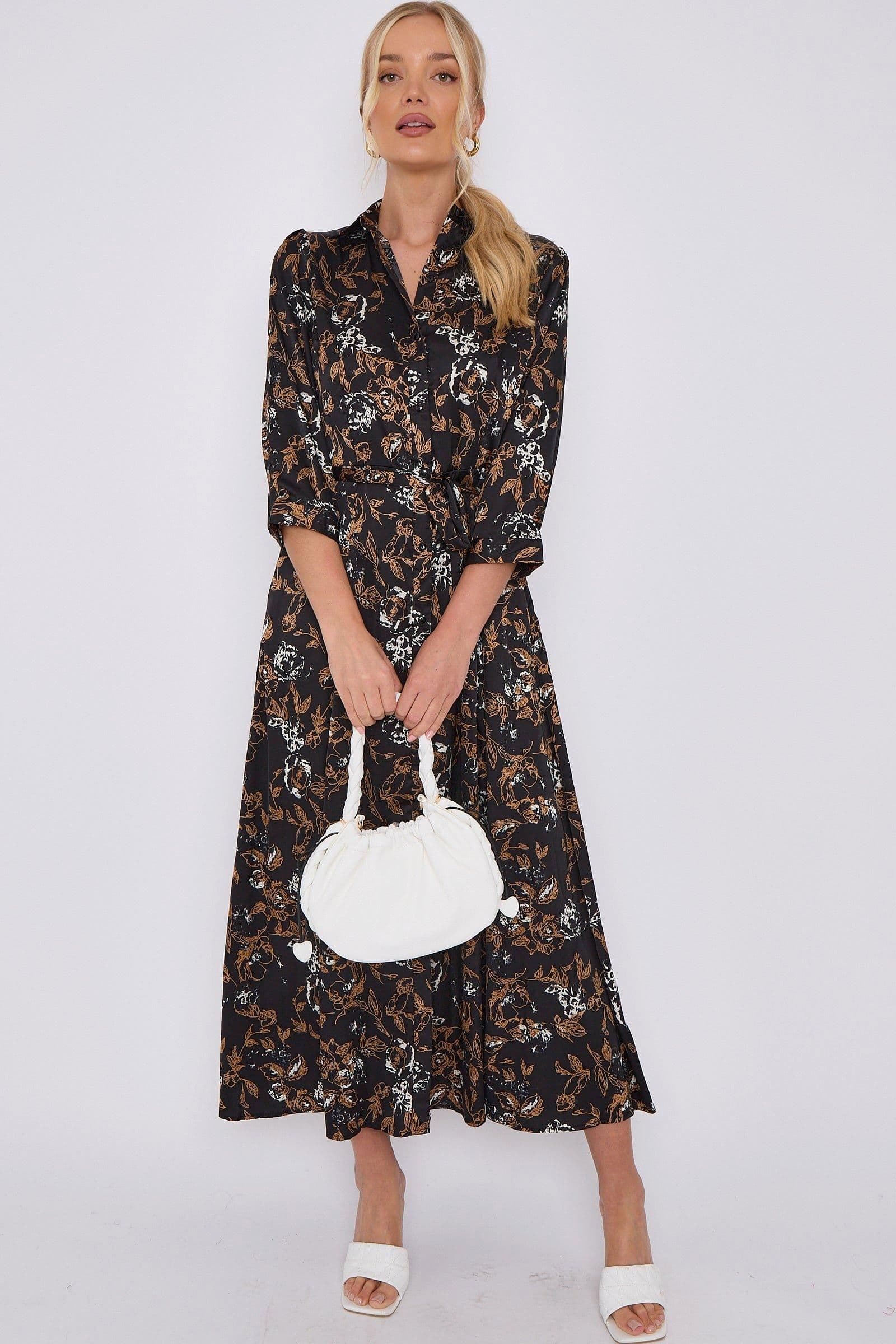 Floral Print Satin Maxi Shirt Dress