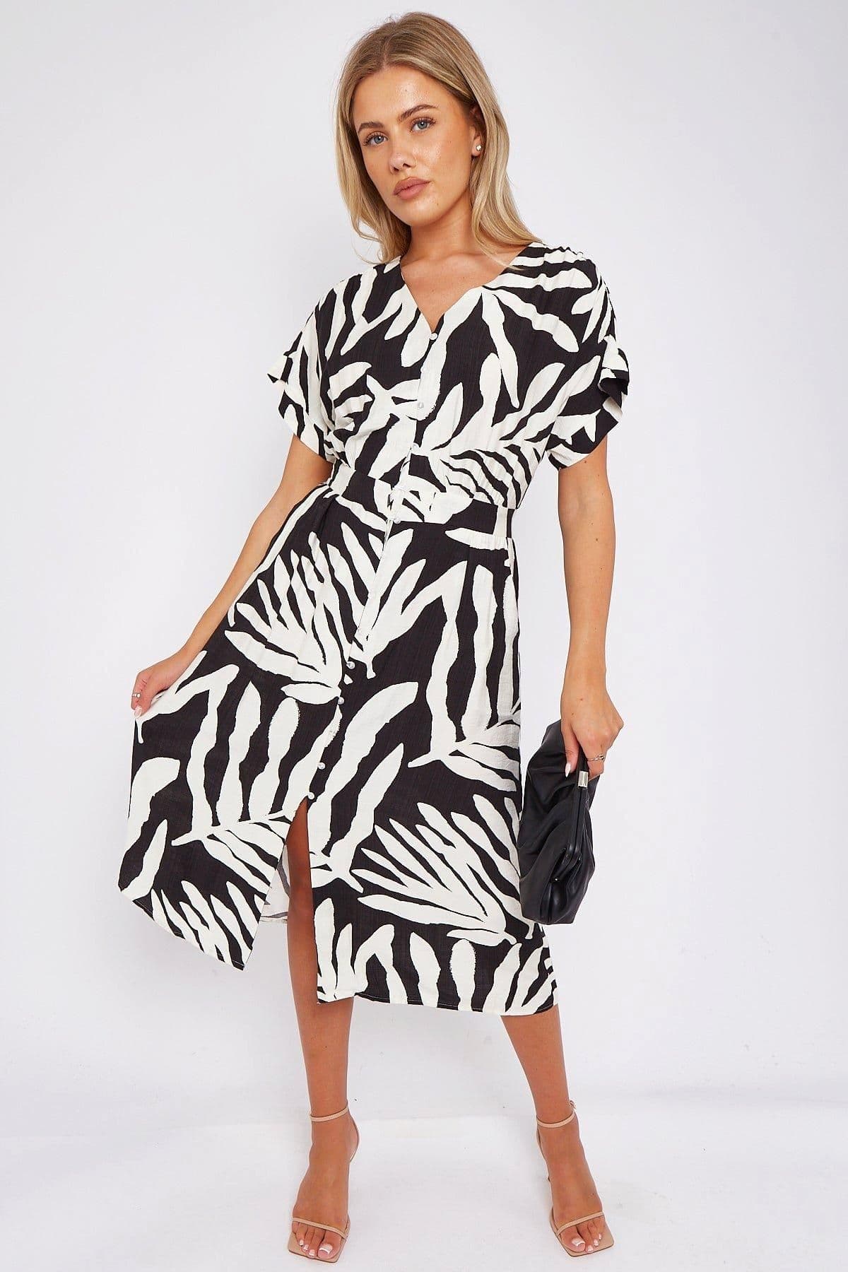 Leaf Print Short Sleeve V Neck Midi Dress
