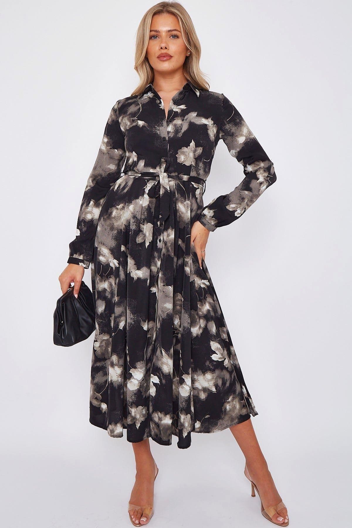 Grey Floral Print Midaxi Shirt Dress