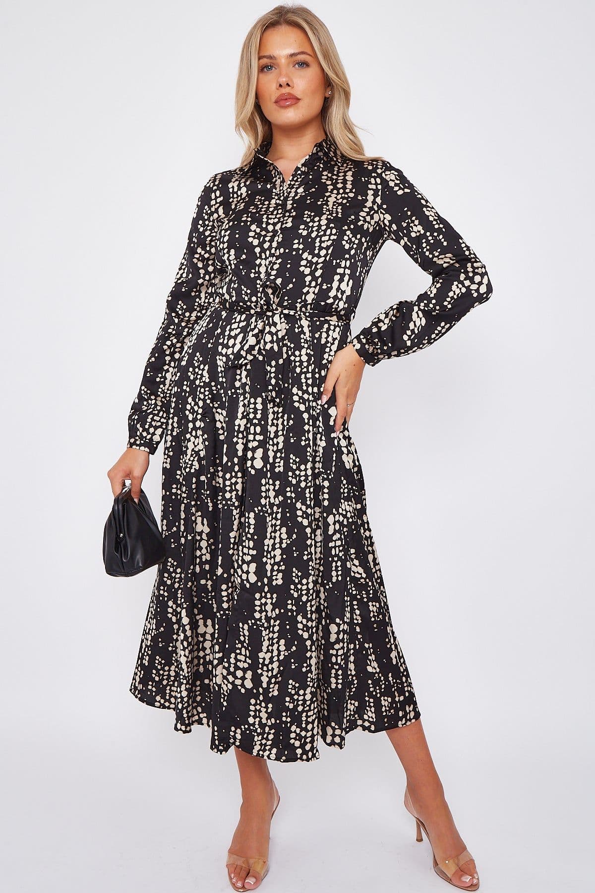Dotted Print Satin Midaxi Shirt Dress