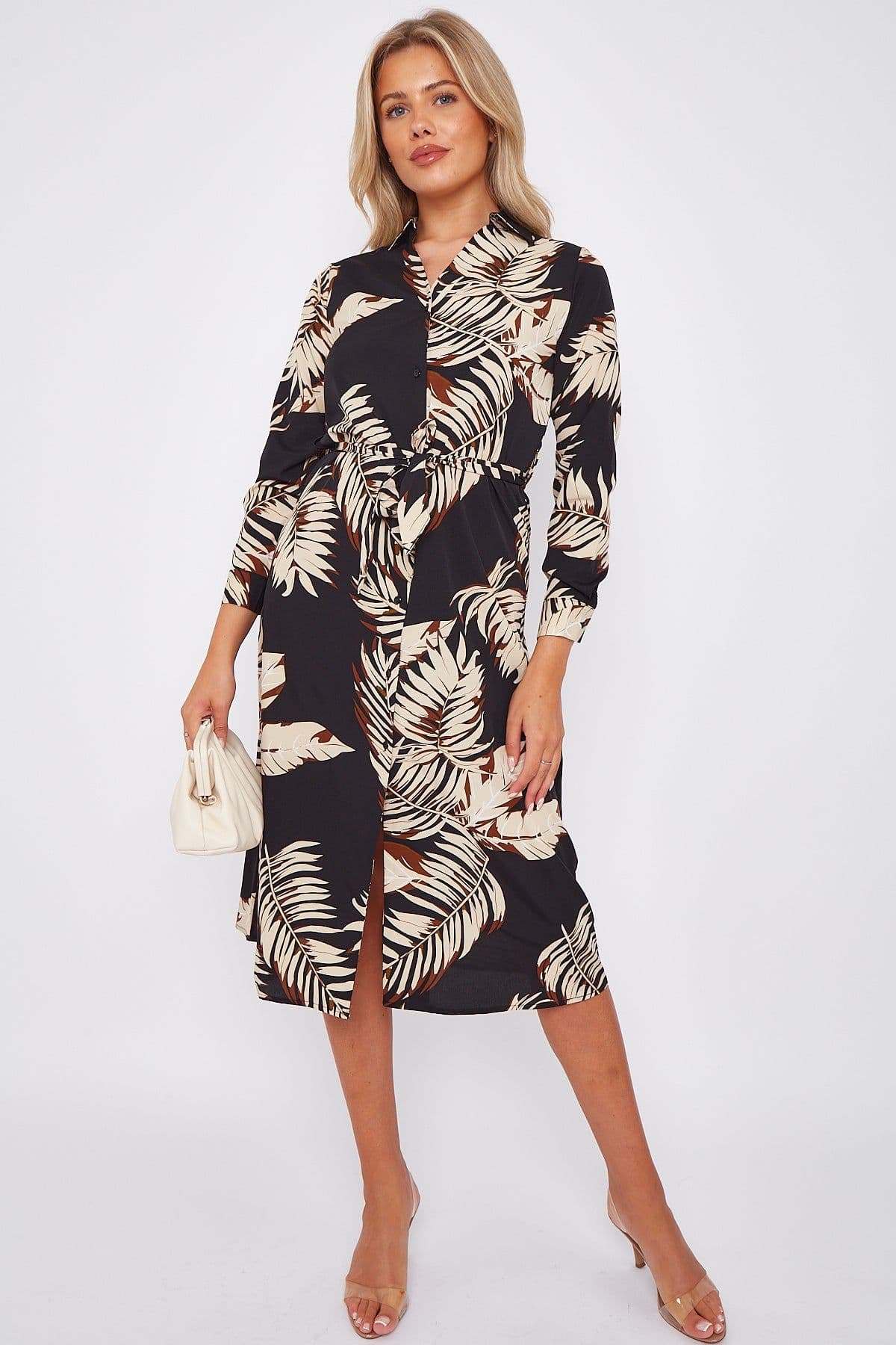 Palm Leaf Print Line Midi Dress