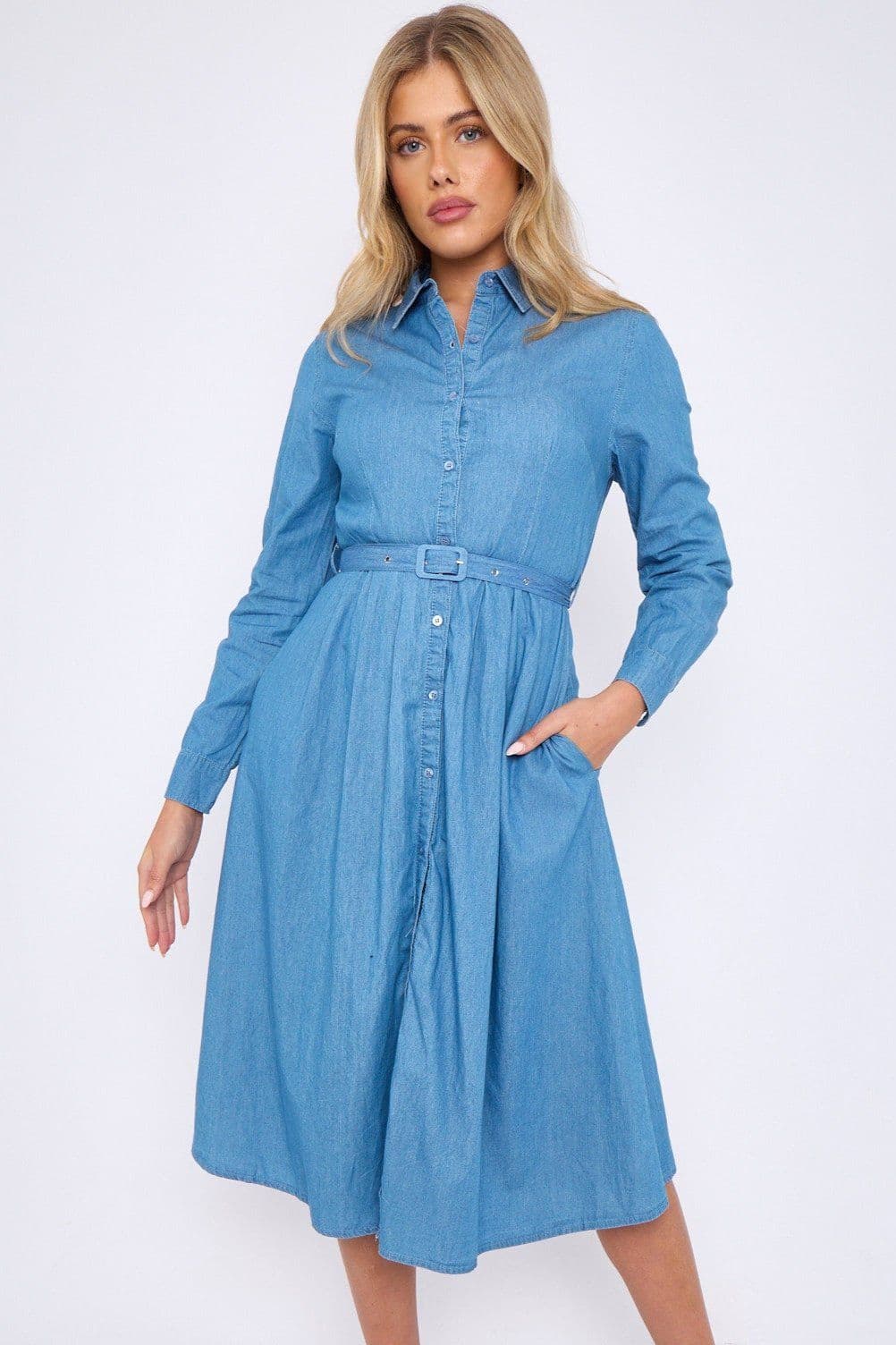 Long Sleeve Belted Denim Midi Shirt Dress Pockets