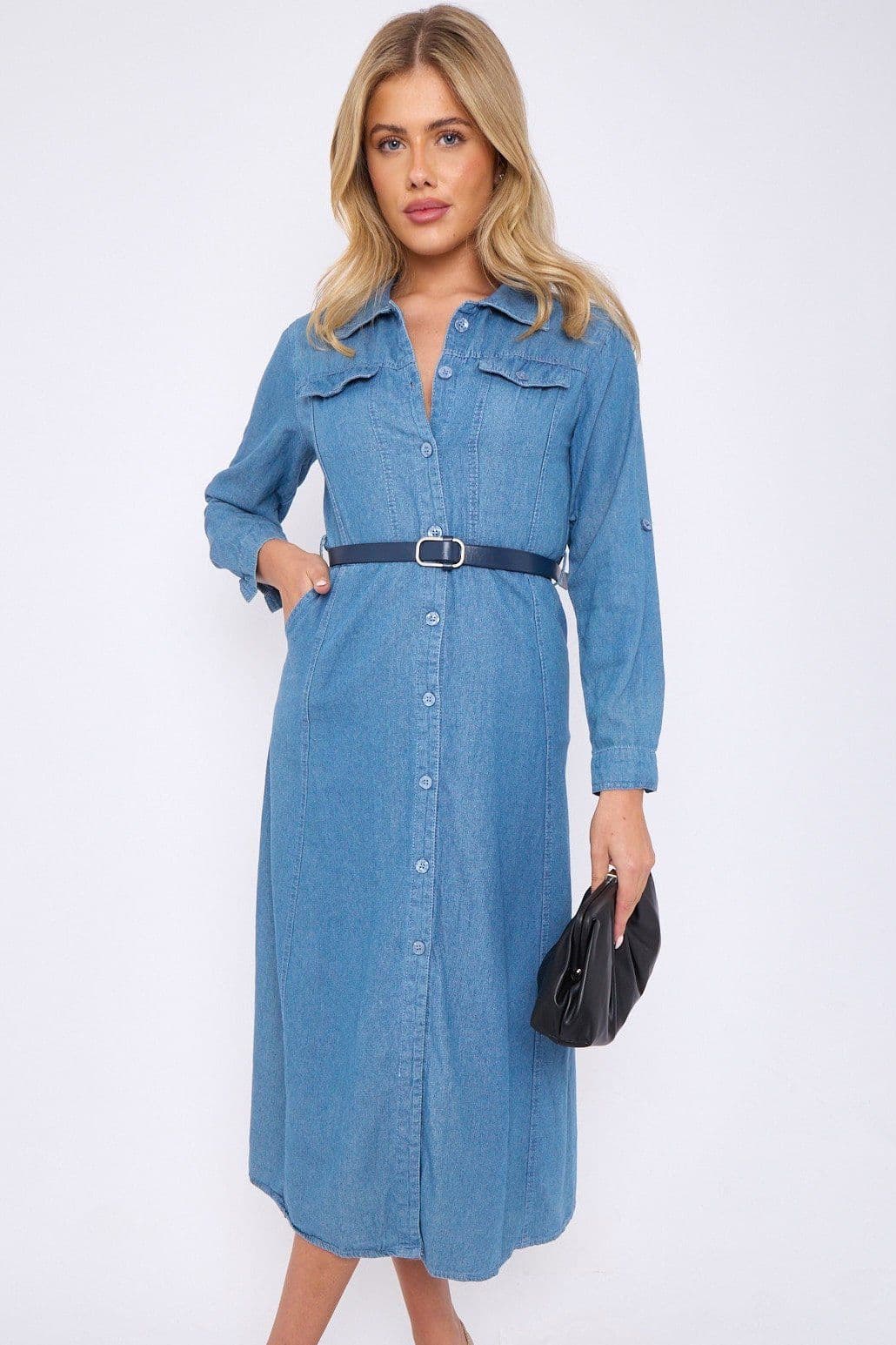 Long Sleeve Denim Maxi Shirt Dress PU Belt