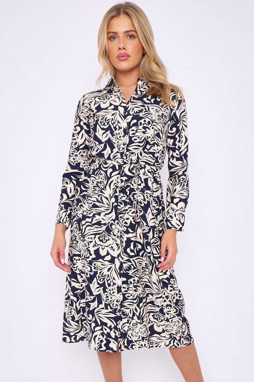 Abstrat Floral Print Long Sleeve Midi Shirt Dress