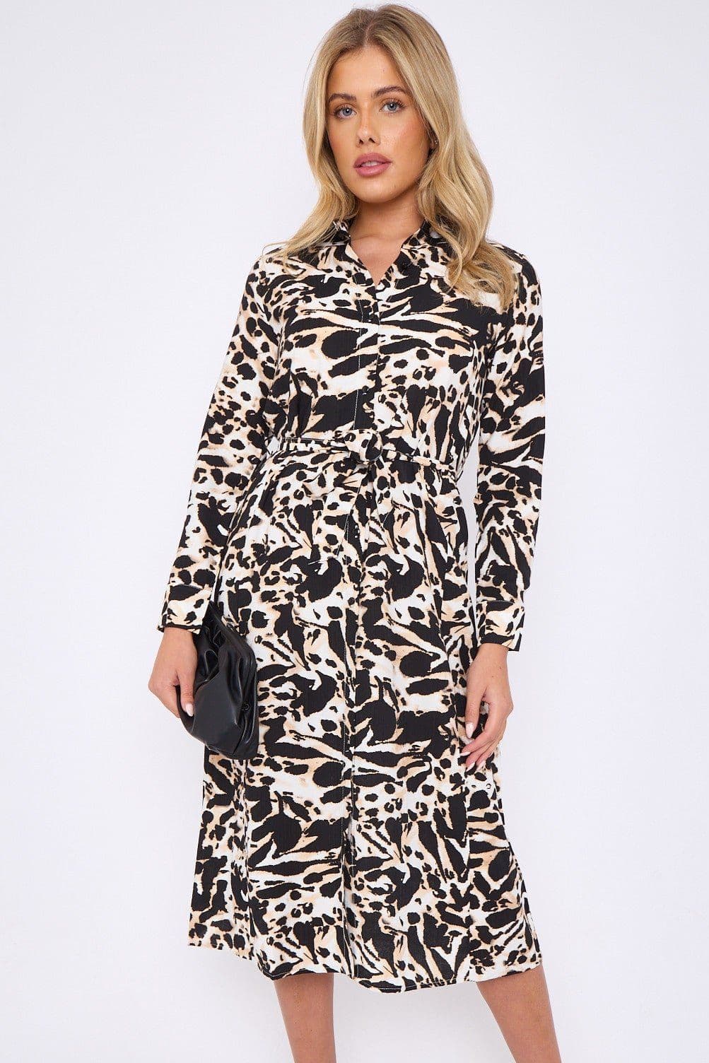 Leopard Print Long Sleeve Midi Shirt Dress
