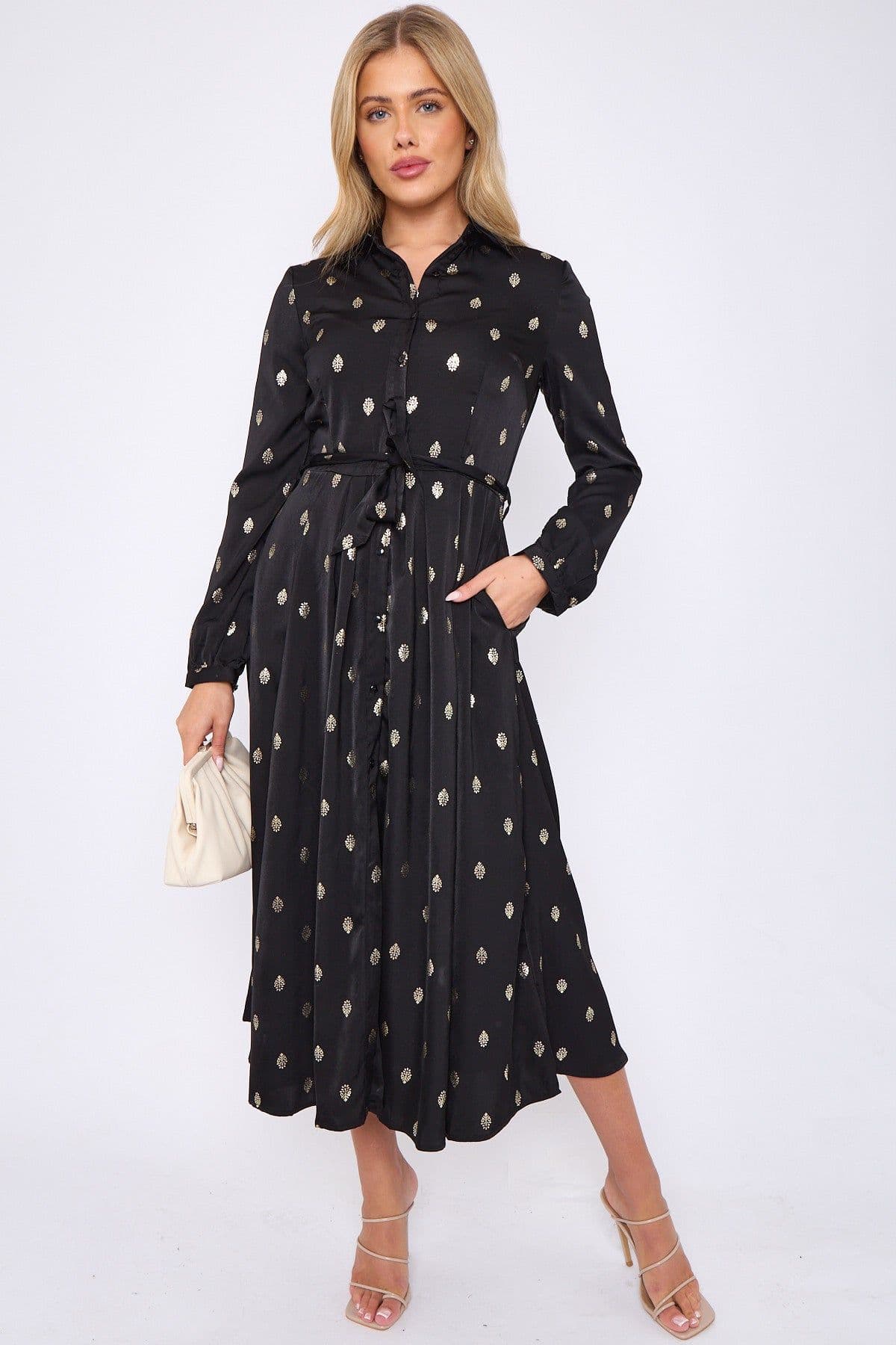 Gold Foil Pattern Print Midaxi Shirt Dress