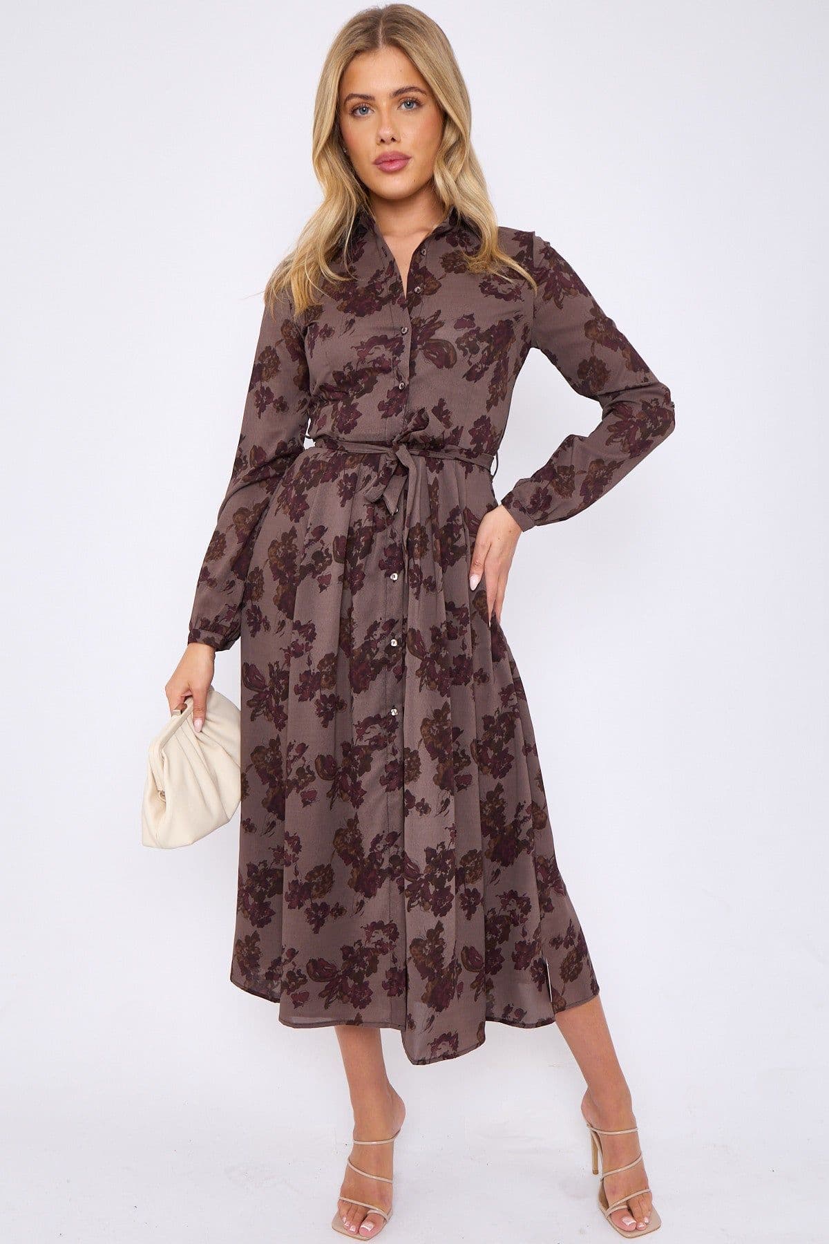 Floral Print Taupe Midaxi Shirt Dress