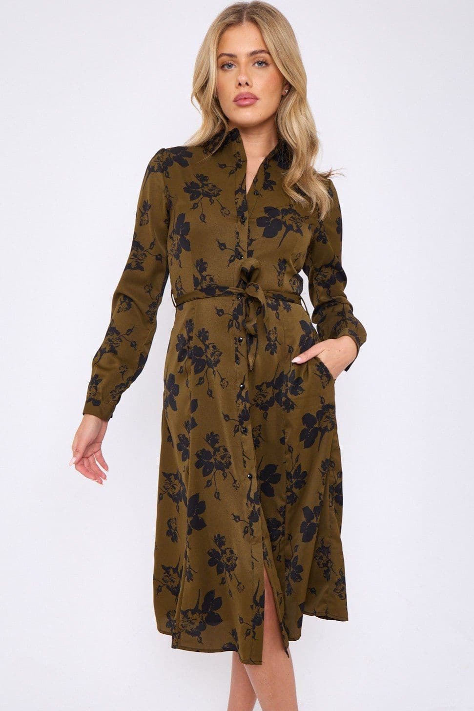 Deep Floral Print Long Sleeve Midi Dress