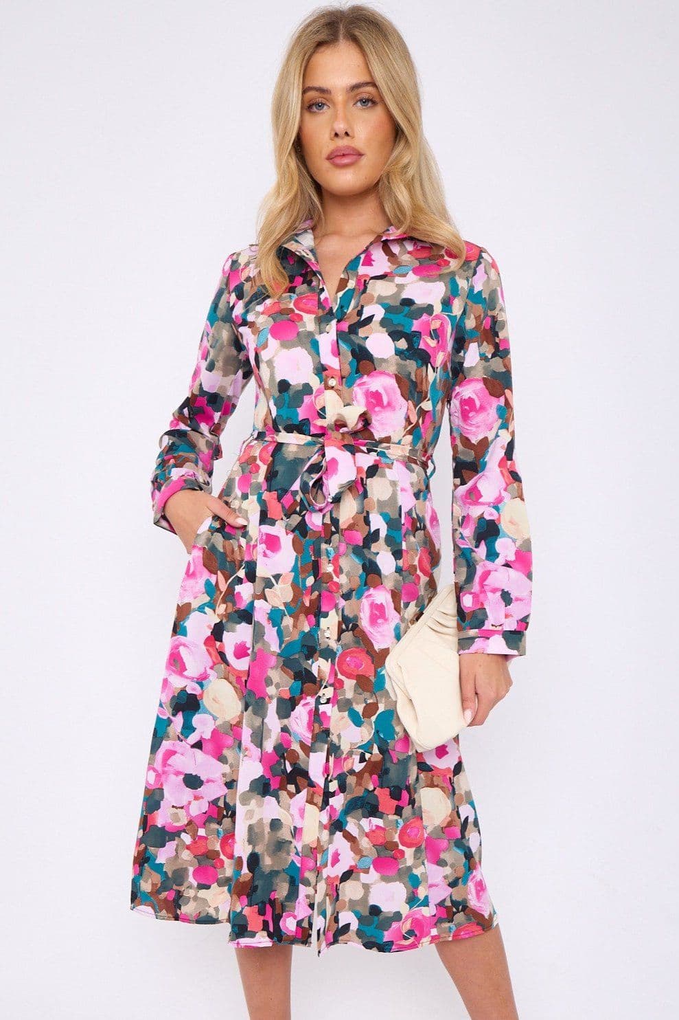 Rose Floral Print Long Sleeve Midi Dress
