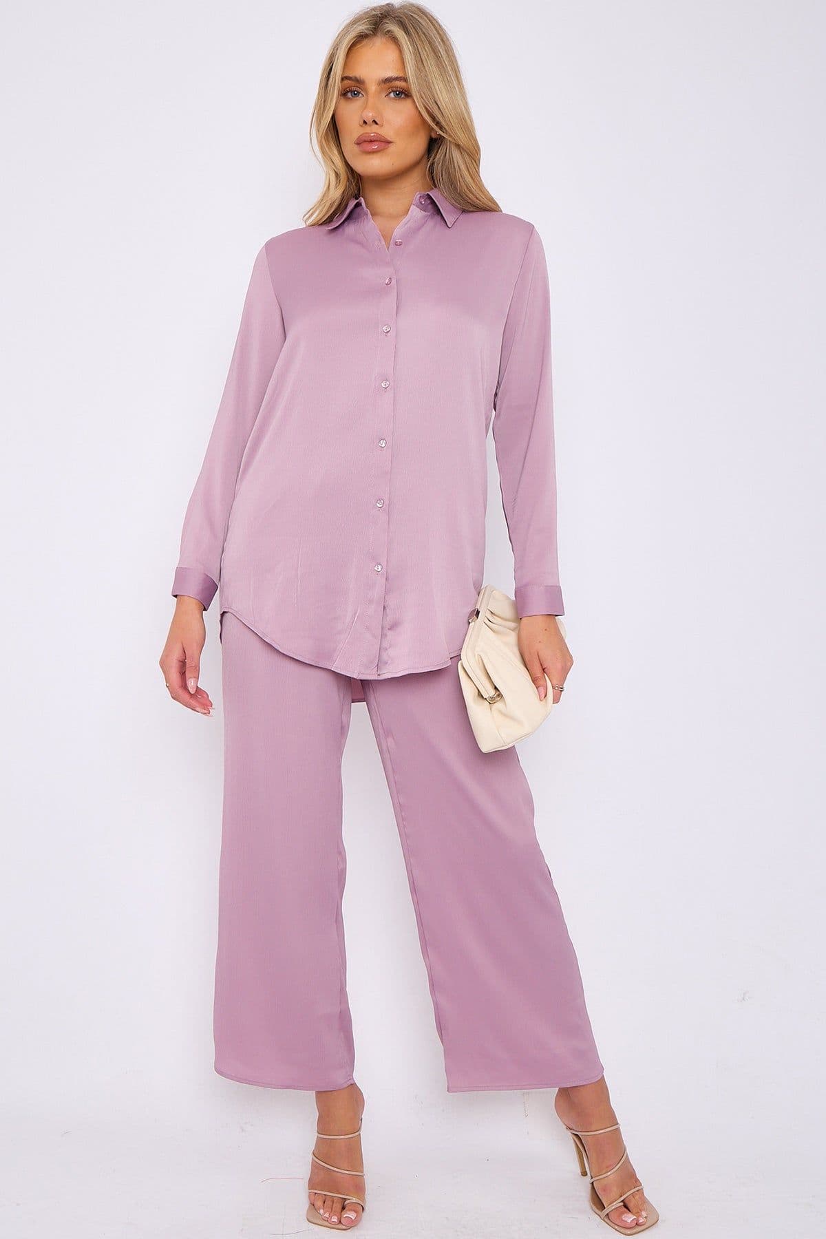 Dusty Pink Crepe Satin Co ord Shirt & Trousers Set