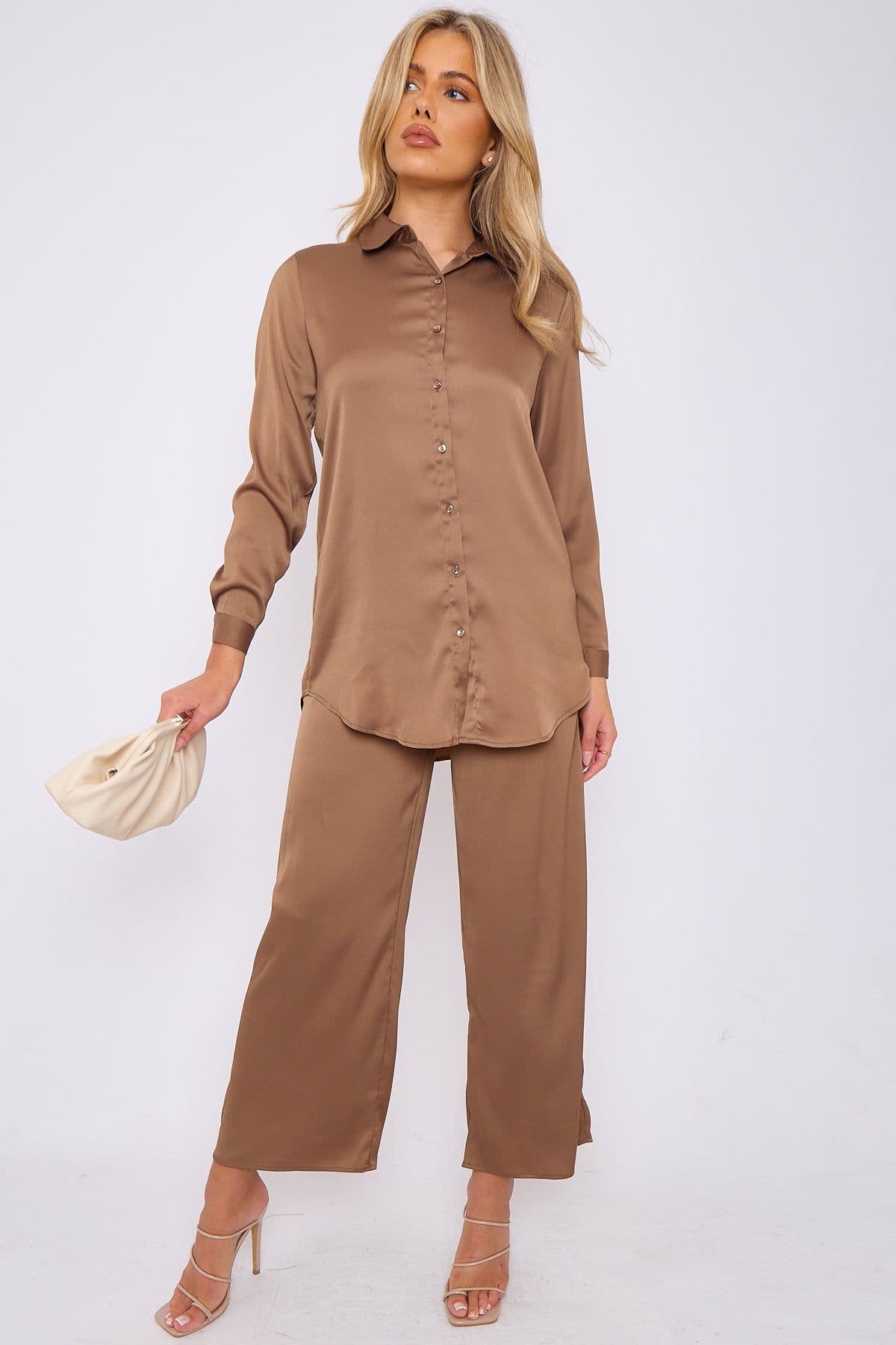 Caramel Satin Co ord Shirt & Trousers Set