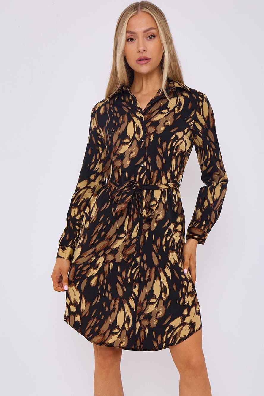 Leopard Print Belted Mini Shirt Dress Brown