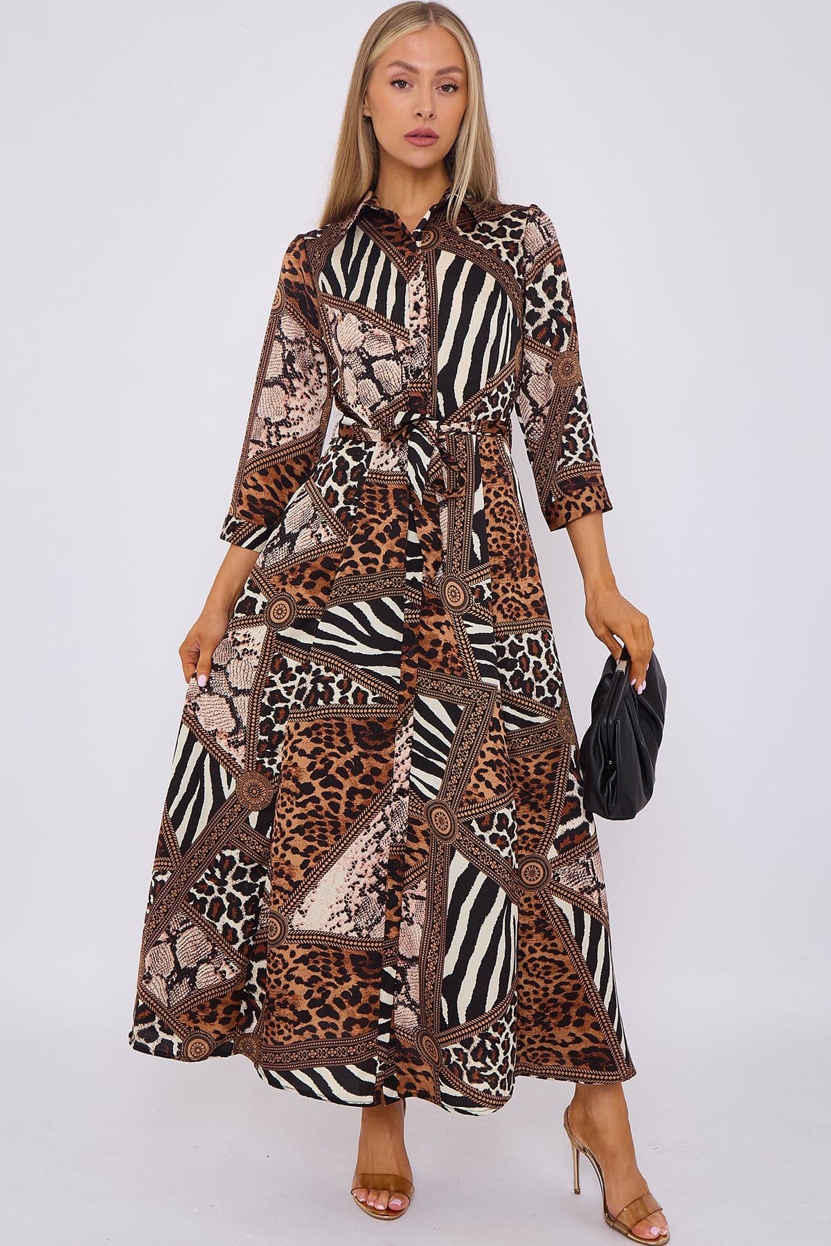 Mixed Leopard Print Satin Maxi Shirt Dress