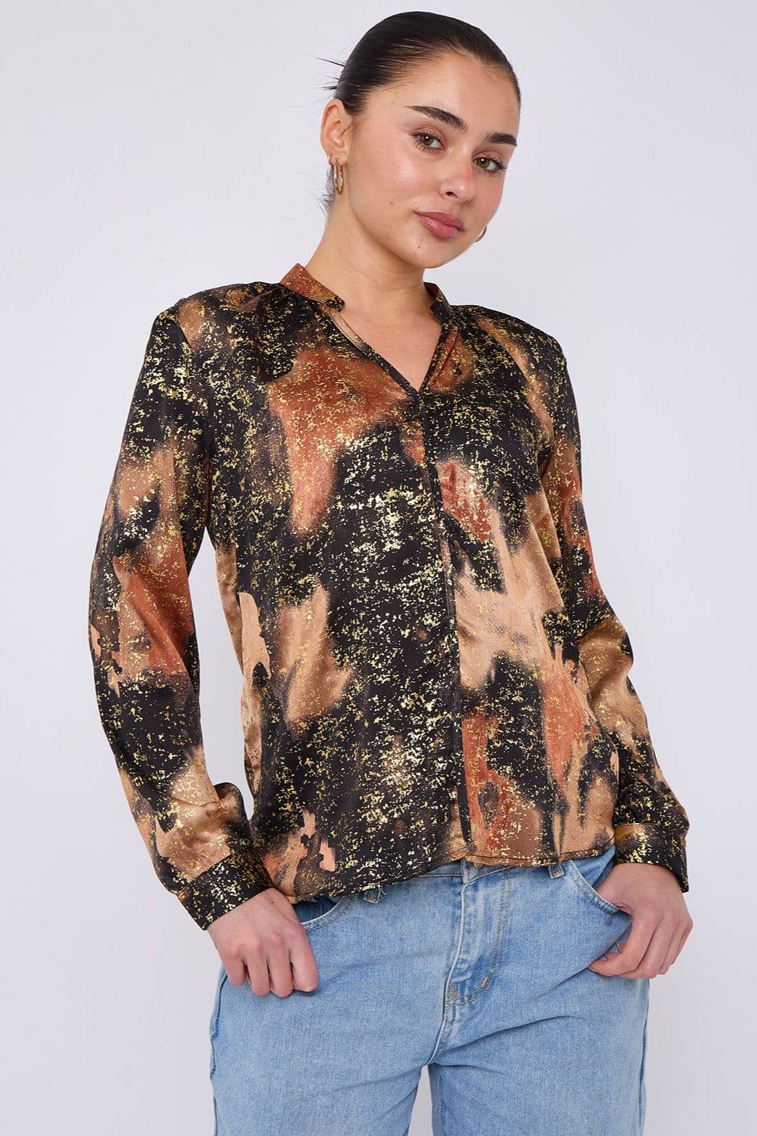 Abstract Print Gold Foil Splash Print Blouse