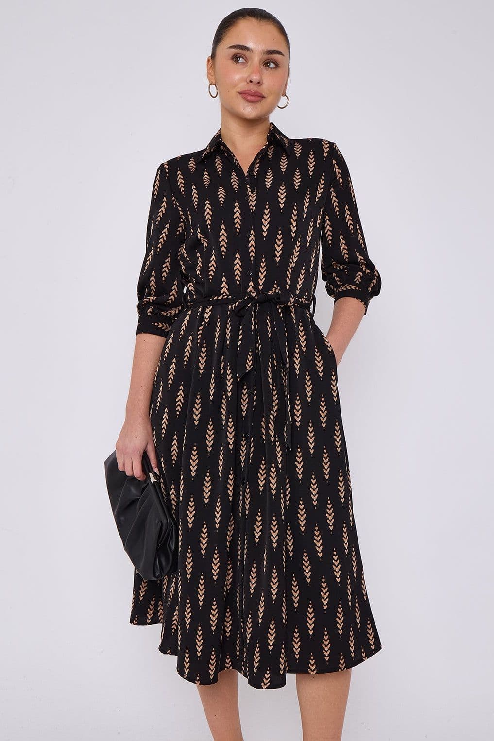 Tan Chevron Print Half Sleeve Midi Shirt Dress