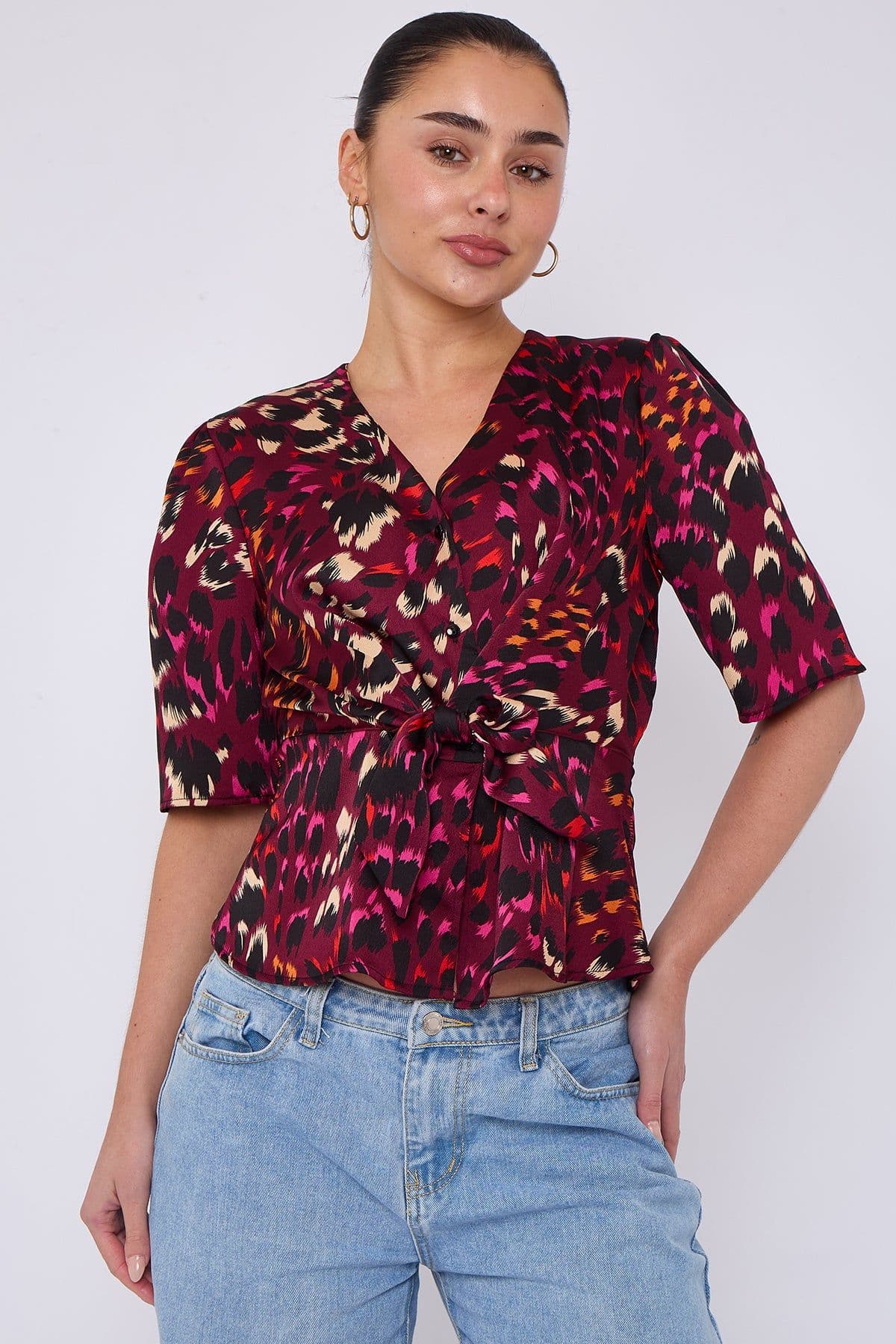 Deep Leopard Print Knotted Satin Top