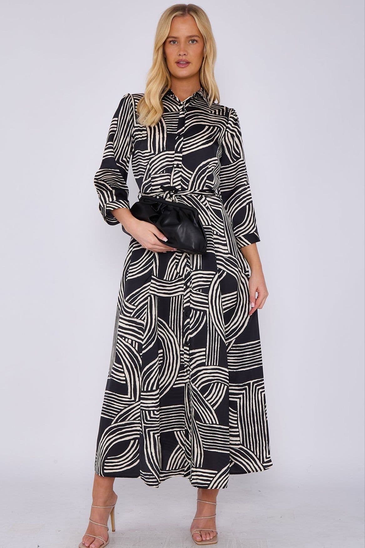 Geometric Print Satin Maxi Shirt Dress