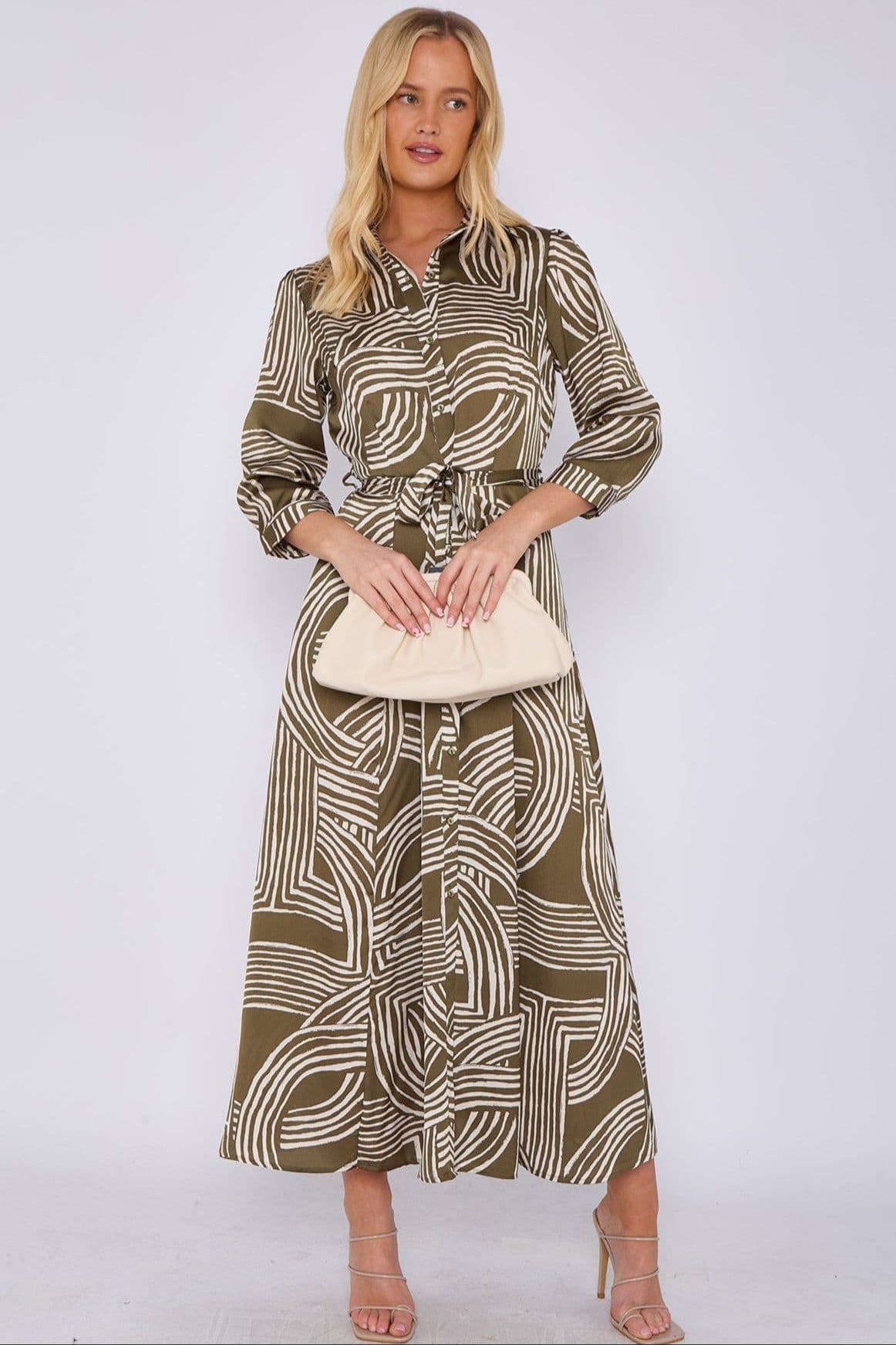 Geometric Print Satin Maxi Shirt Dress