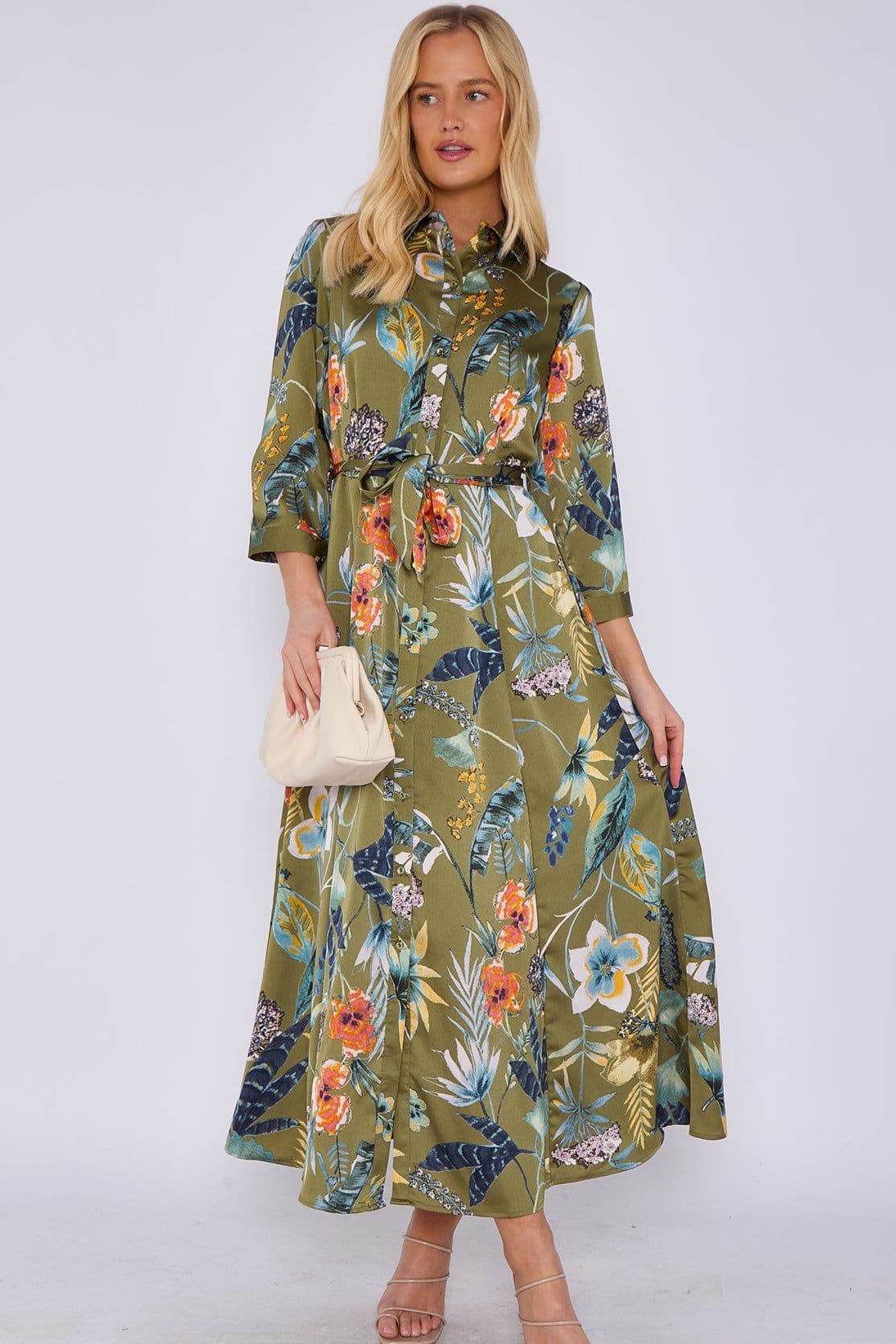 Botanical Print Satin Maxi Shirt Dress