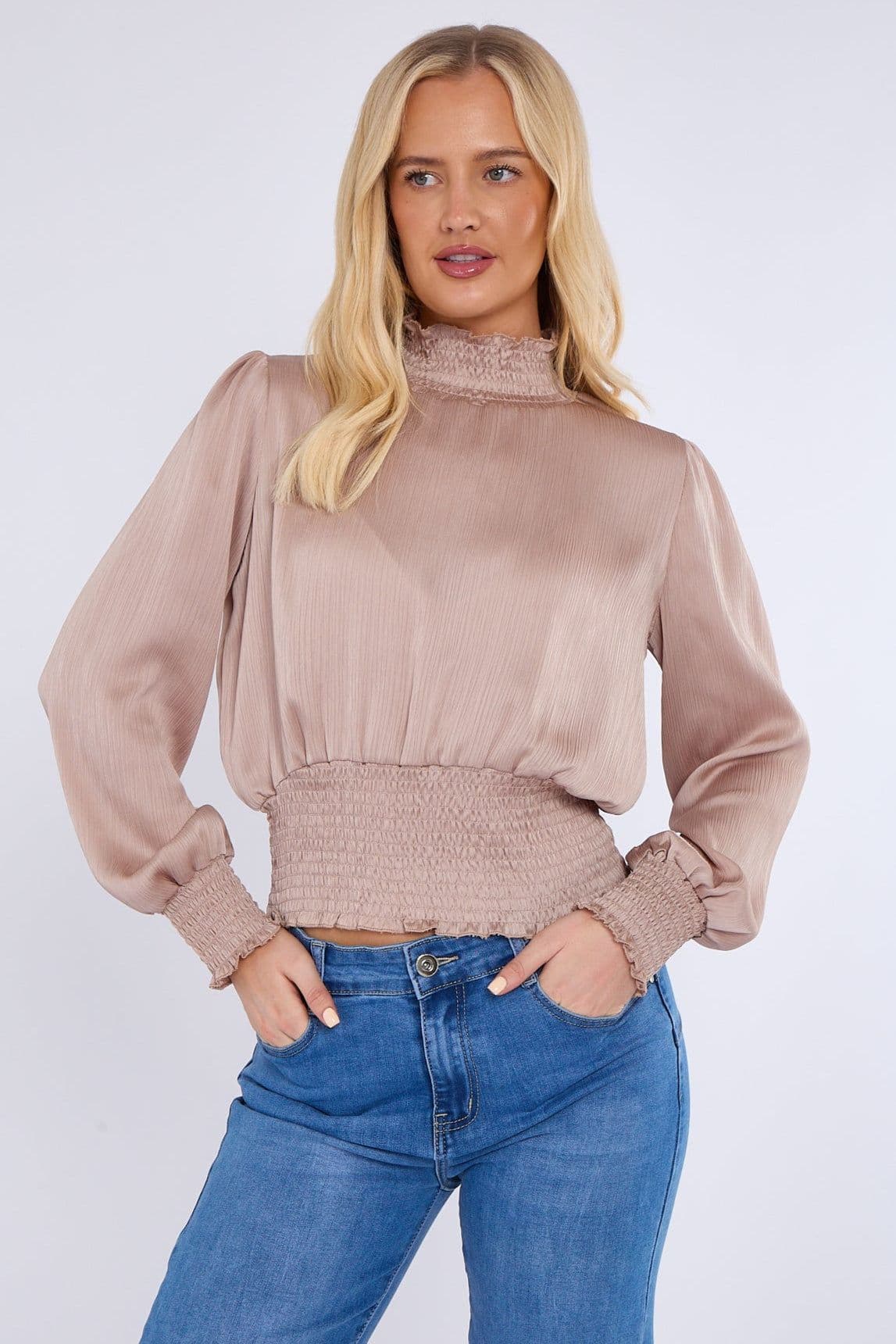 Creased Satin Shirred Waist Cropped Top