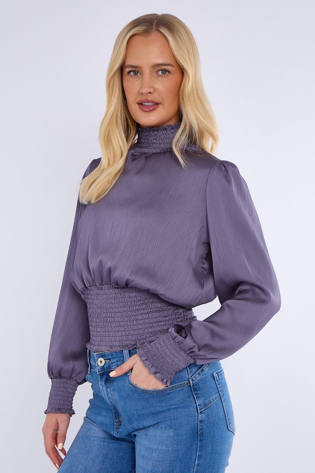 Creased Satin Shirred Waist Cropped Top