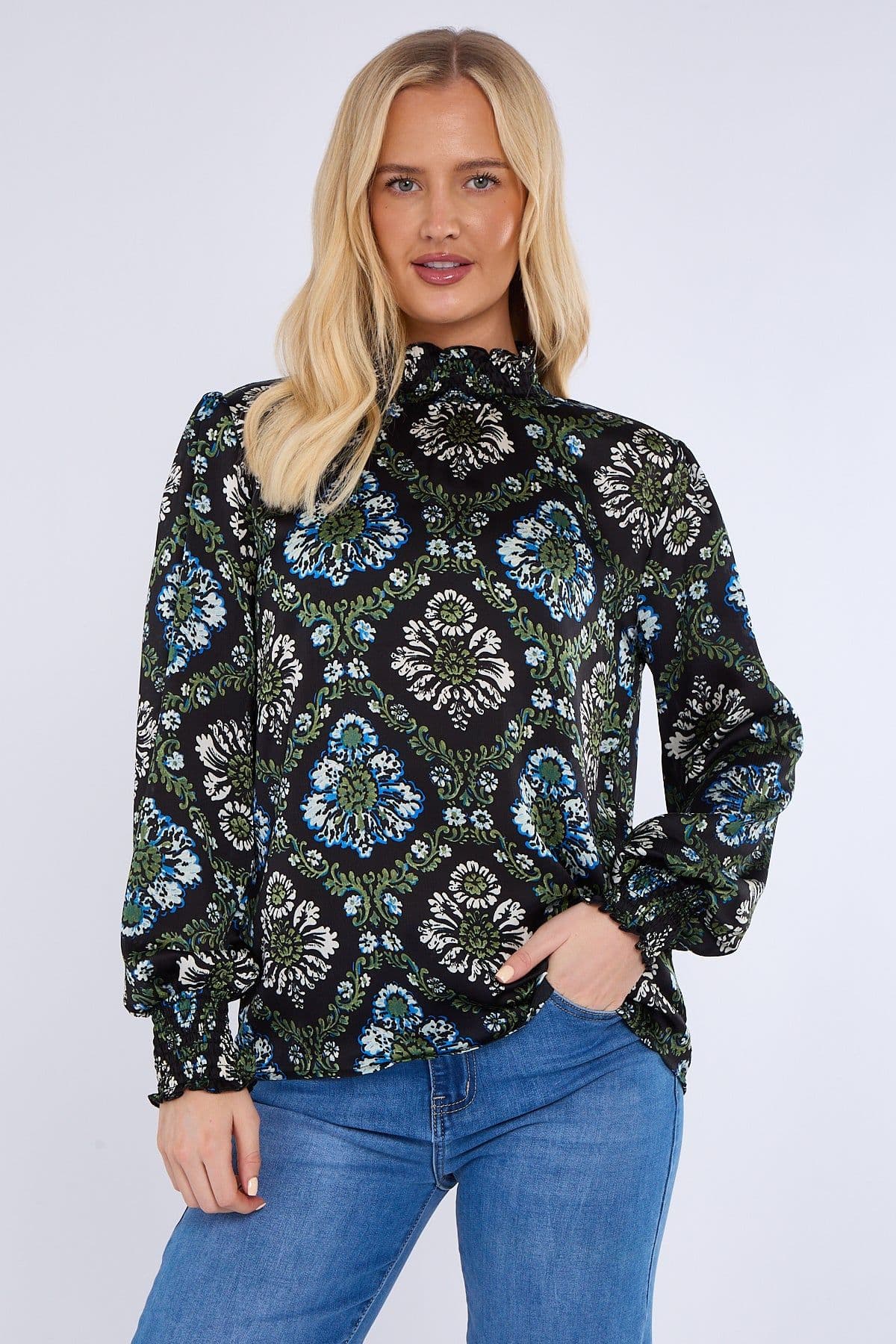 Baroque Floral Print Shirred Waist Blouse