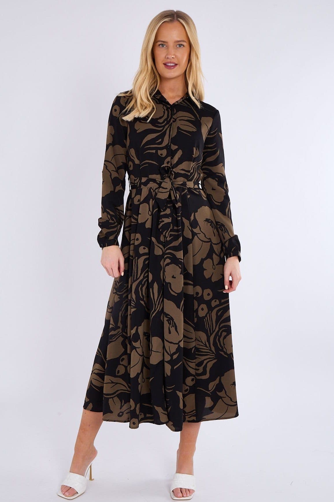 Khaki Abstract Floral Print Midaxi Shirt Dress