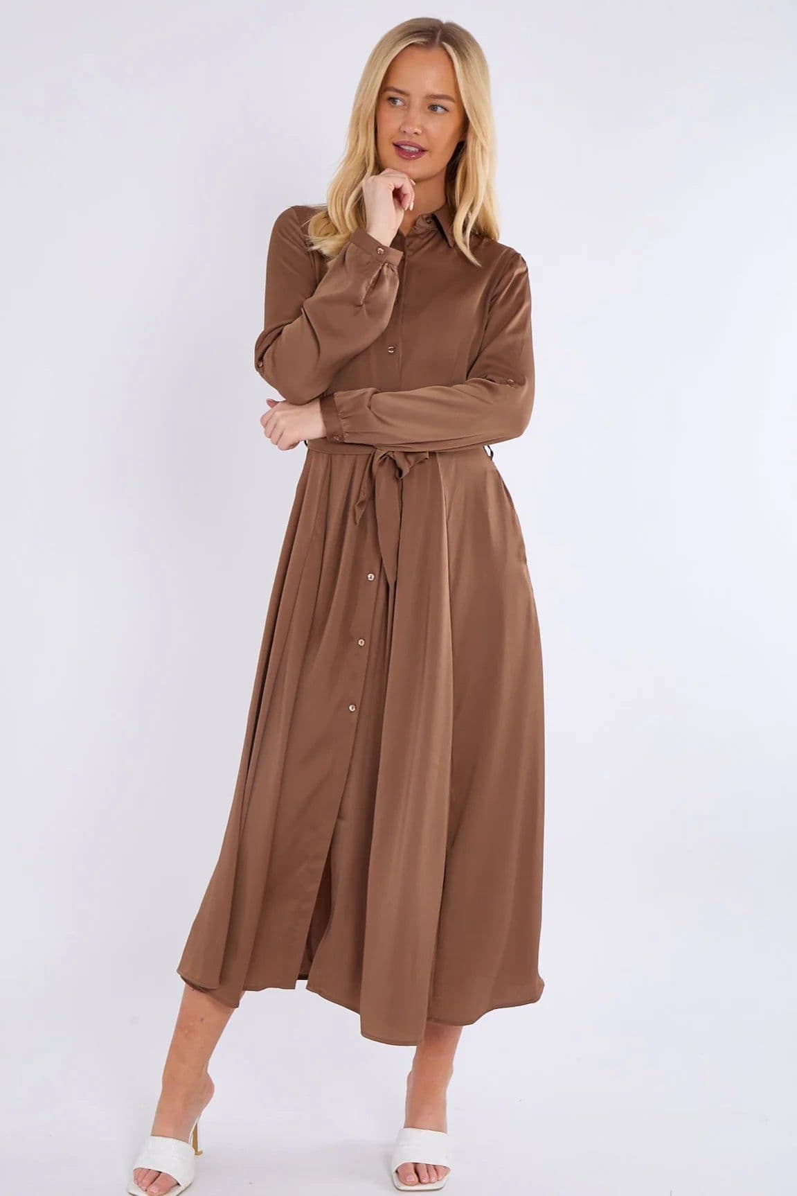 Layered Satin Long Sleeve Maxi Shirt Dress