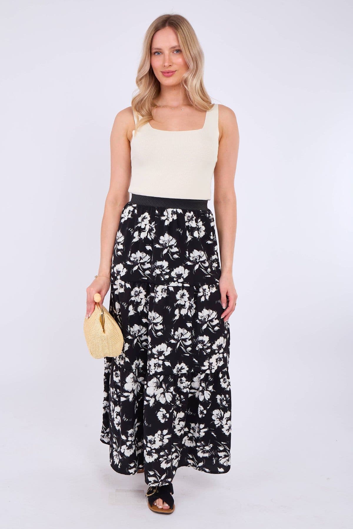 Mono Floral Print Tiered Maxi Skirt