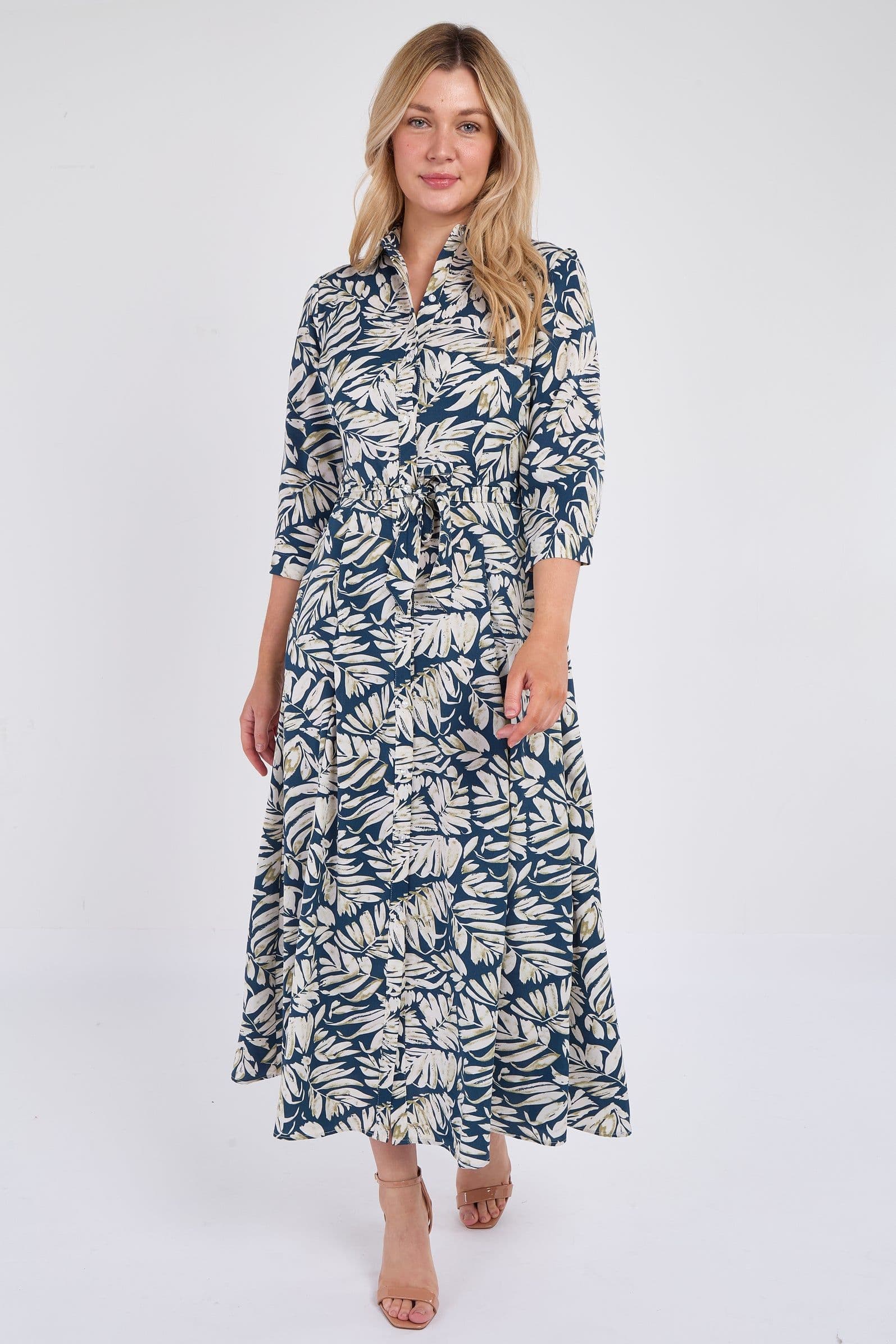 Leaf Print Maxi Shirt Dress