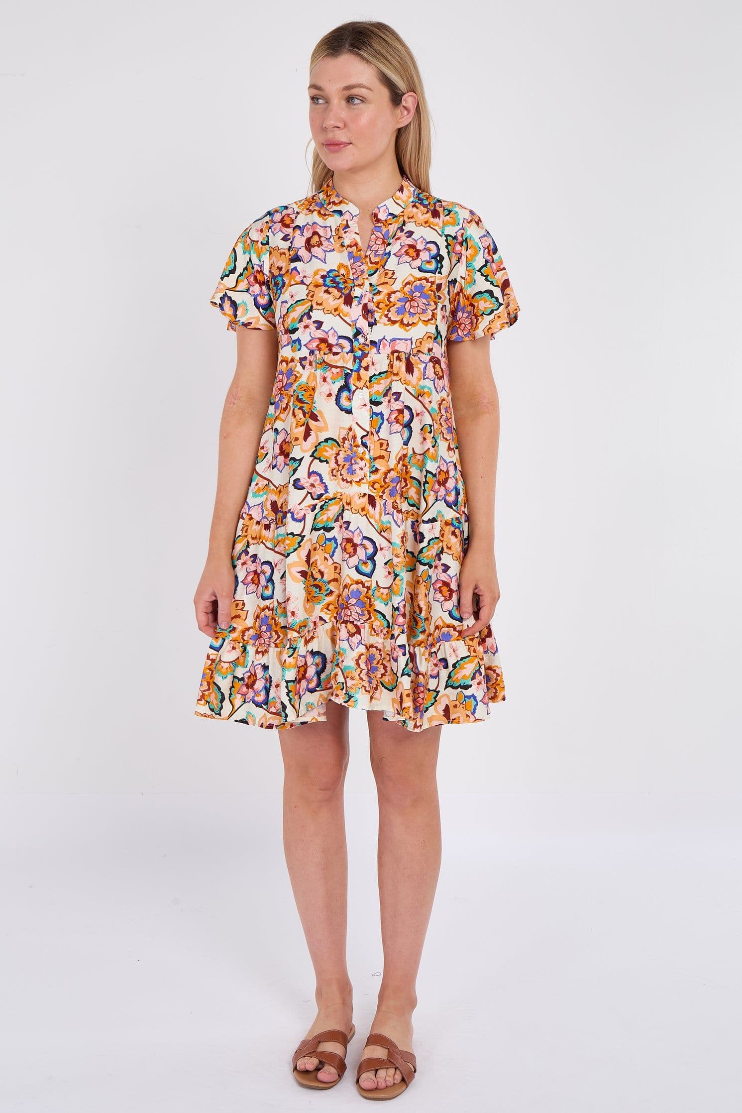 Bloom Print Ruffle Hem Mini Shirt Dress