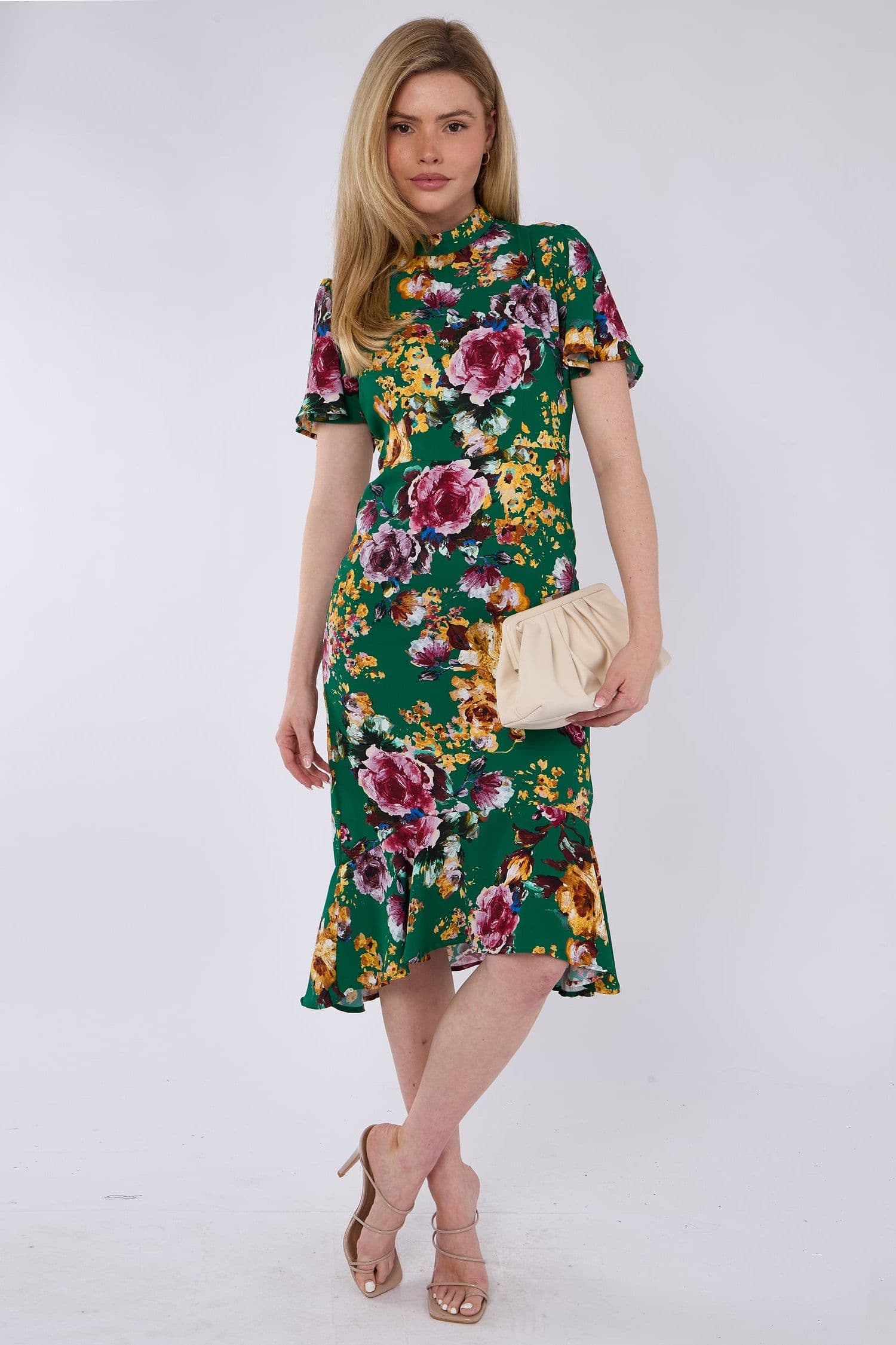 Floral Print Flutter Sleeve Midi Tea Dress