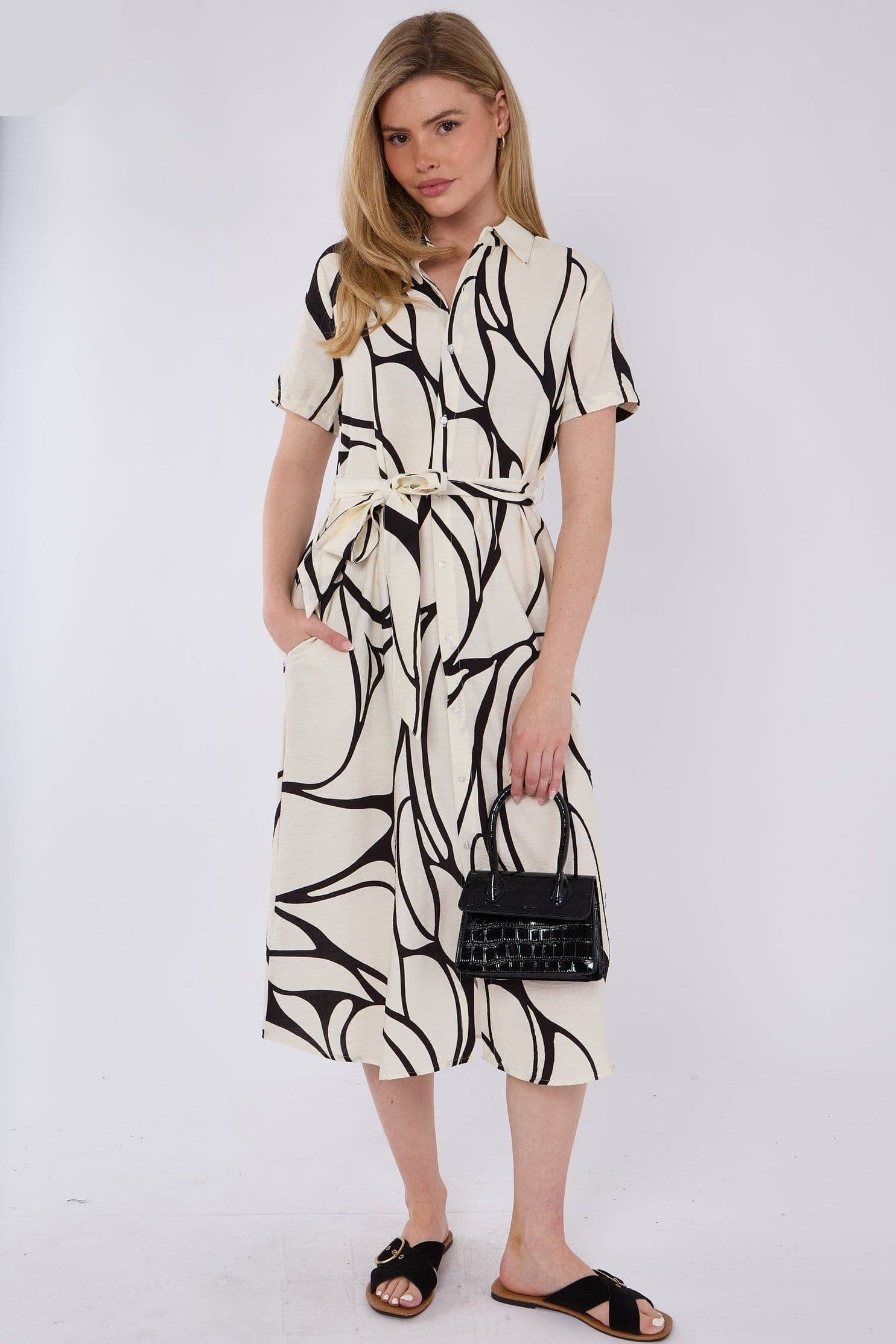 Graphic Wave Print Short Sleeve Midi Shirt Dress