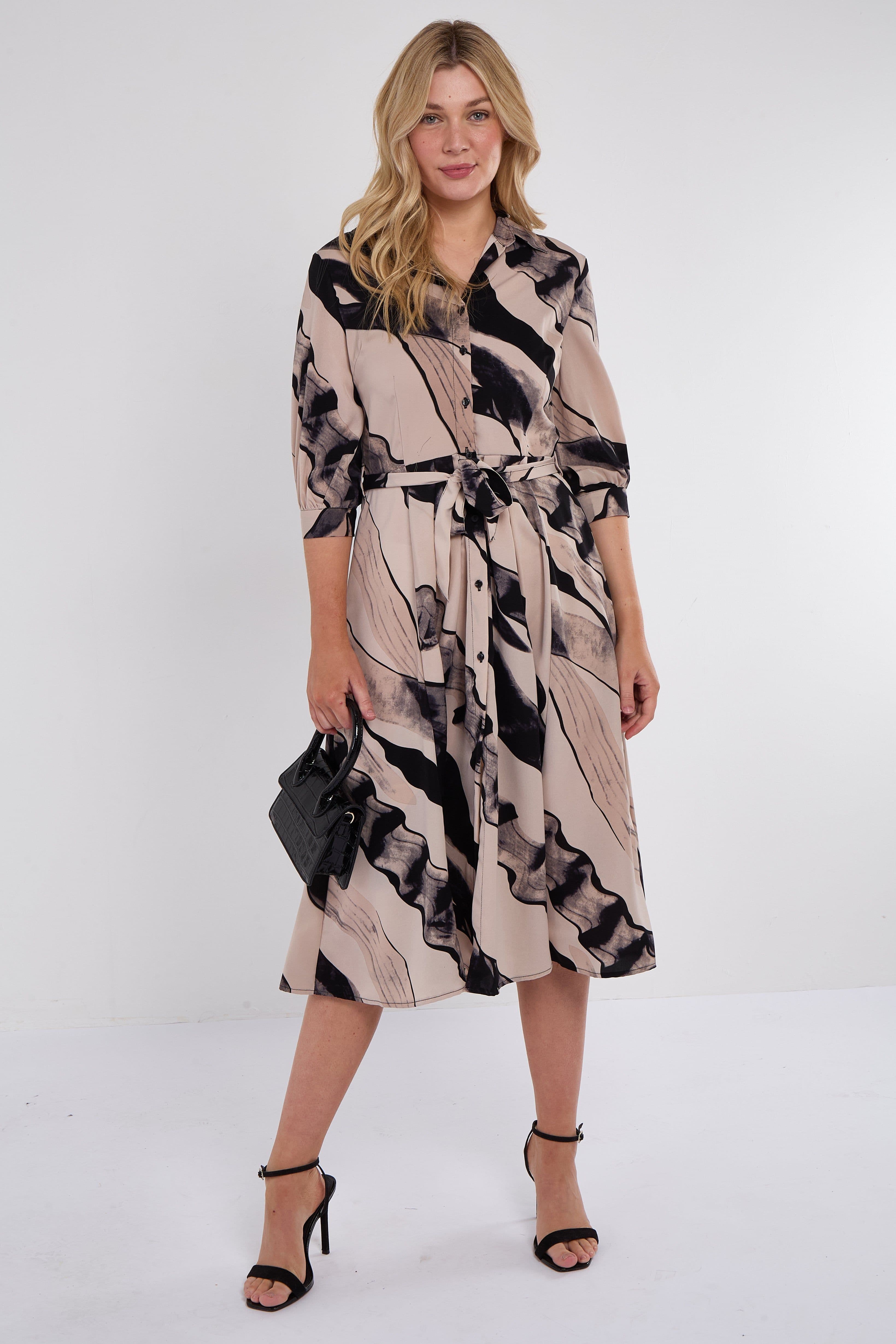 Beige Abstract Print Half Sleeve Midi Shirt Dress