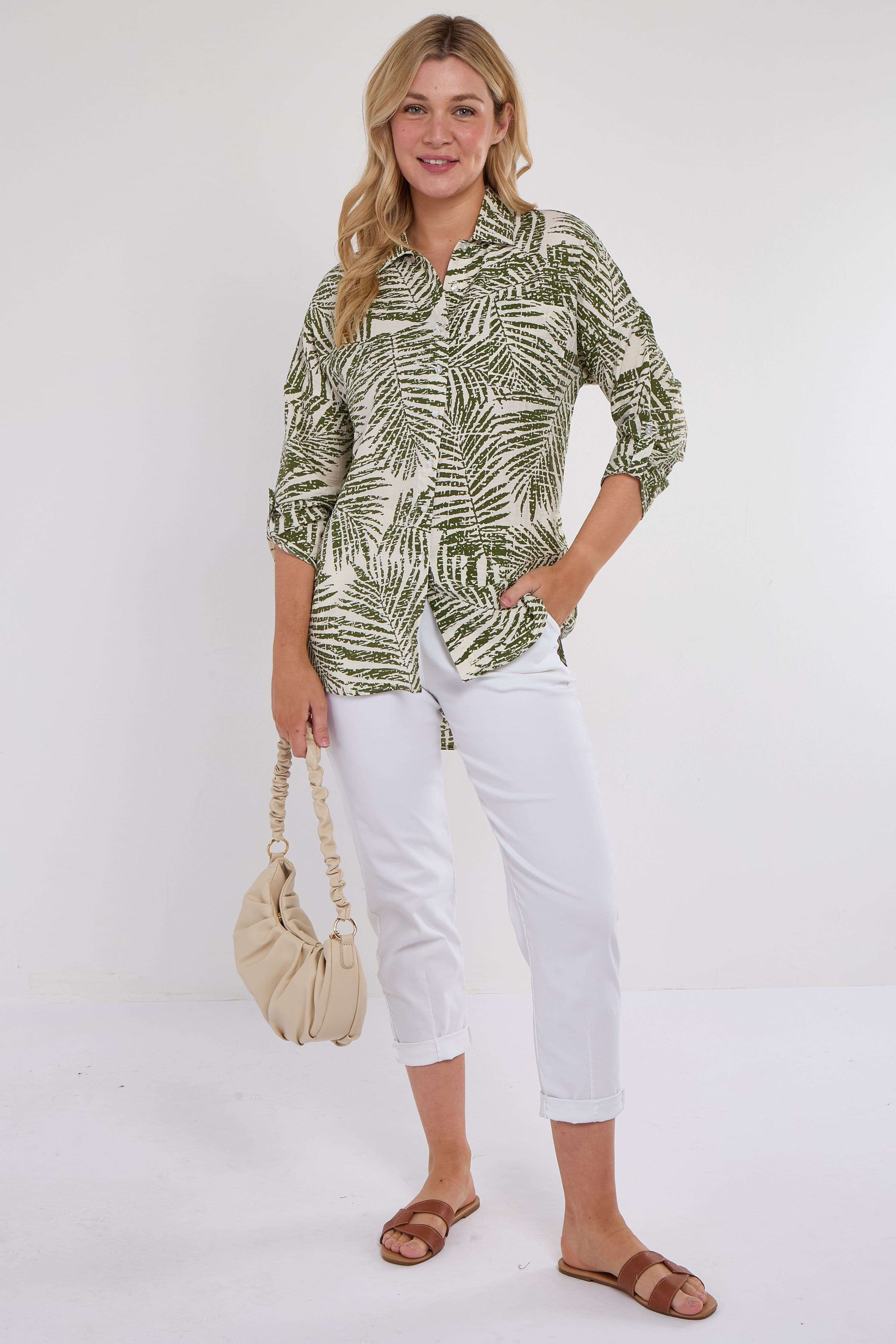 Palm Leaf Print Long Sleeve Shirt