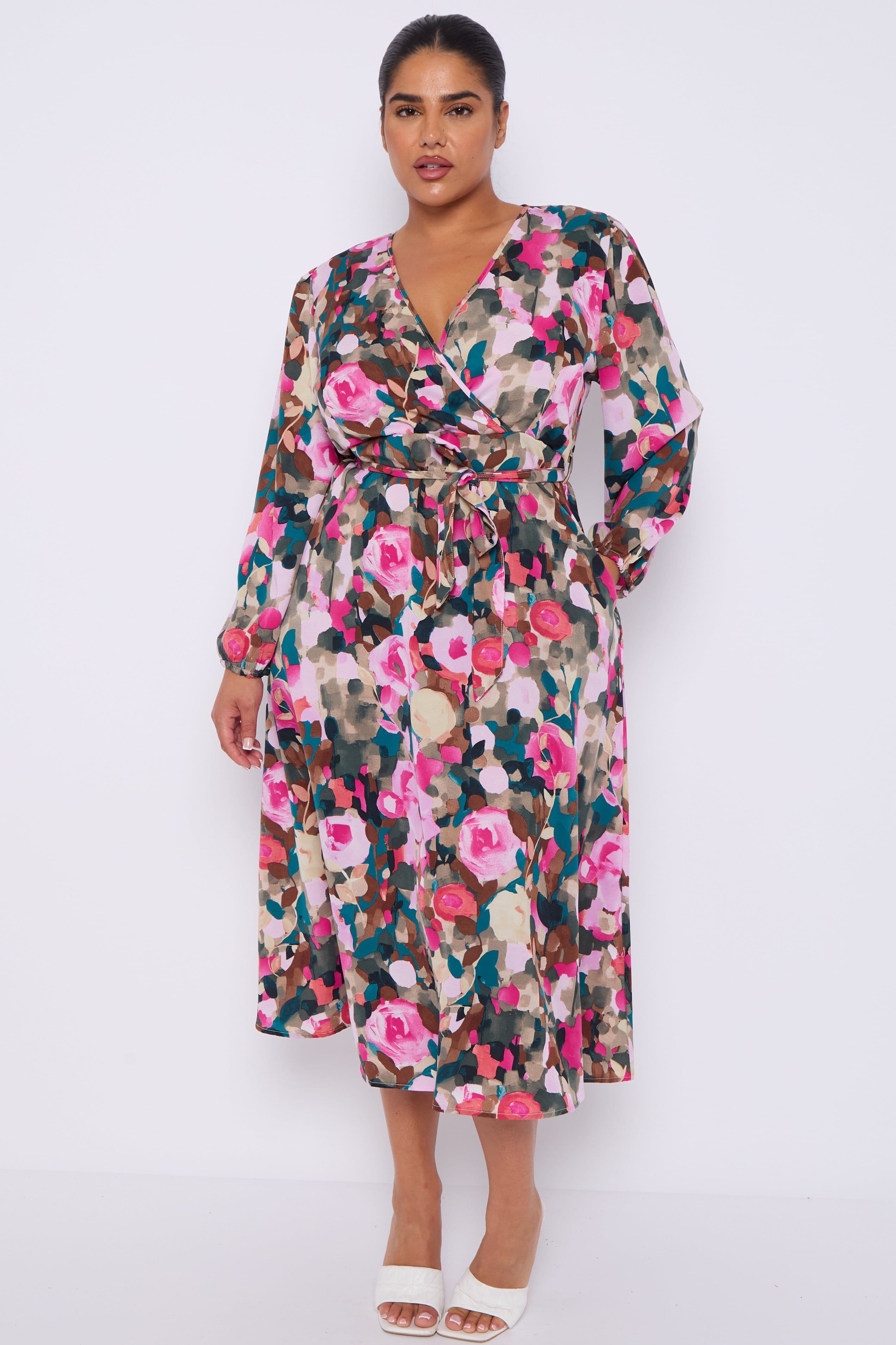 Roses Print Teal Crossover Midi Dress
