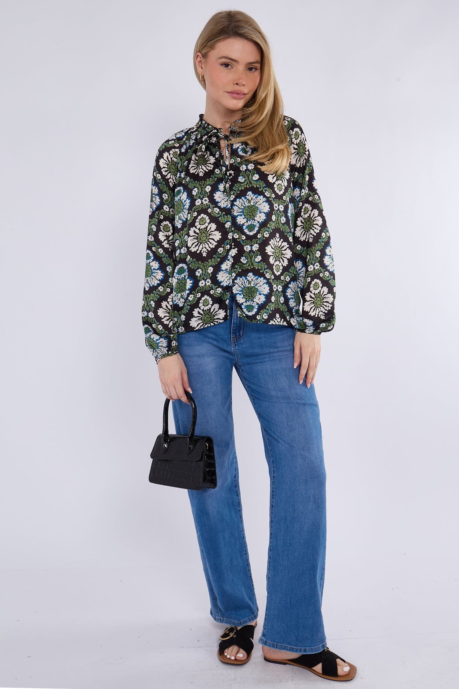 Baroque Floral Print Tie Lace Satin Blouse