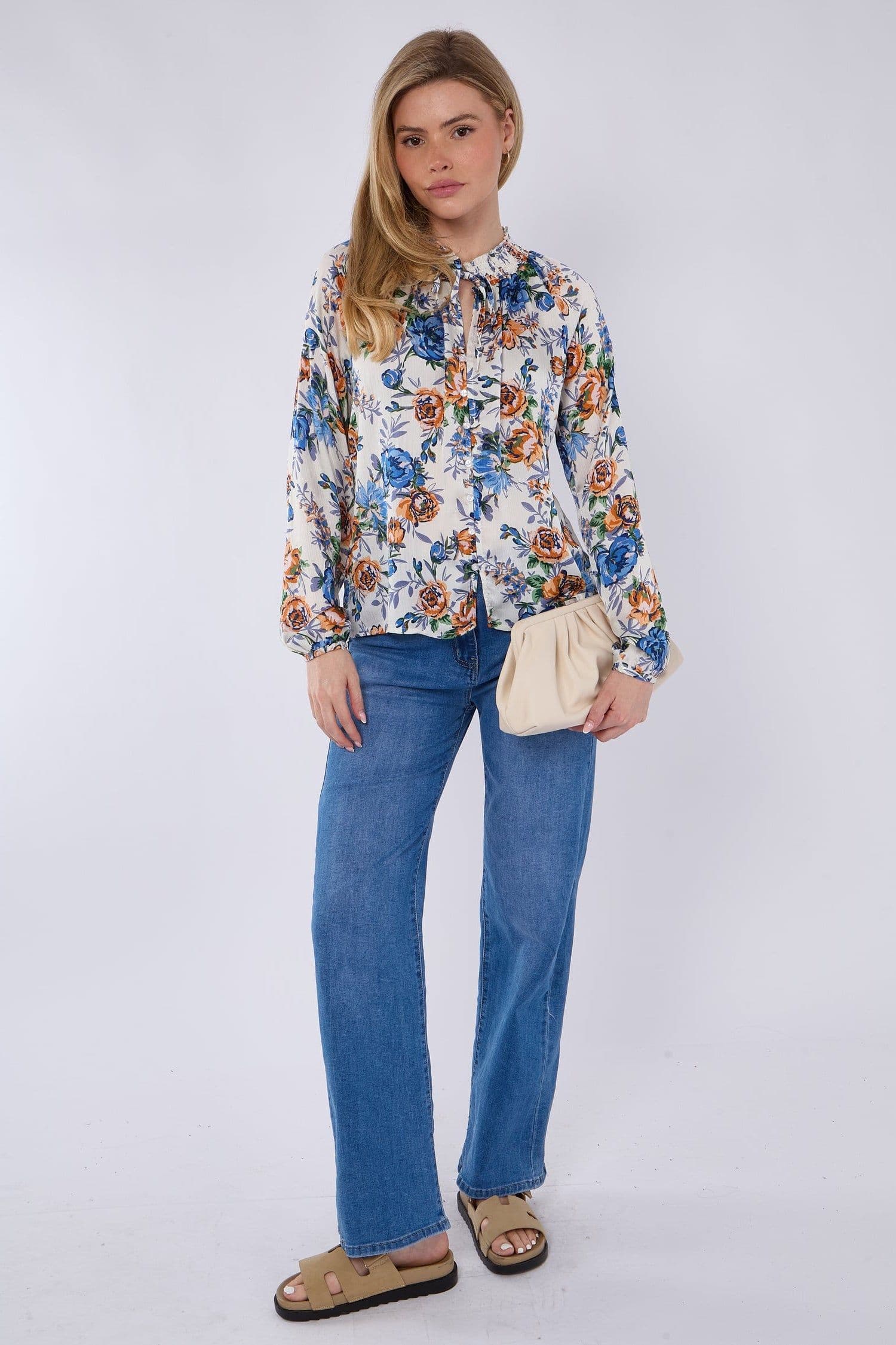 Roses Print Tie Lace Satin Blouse