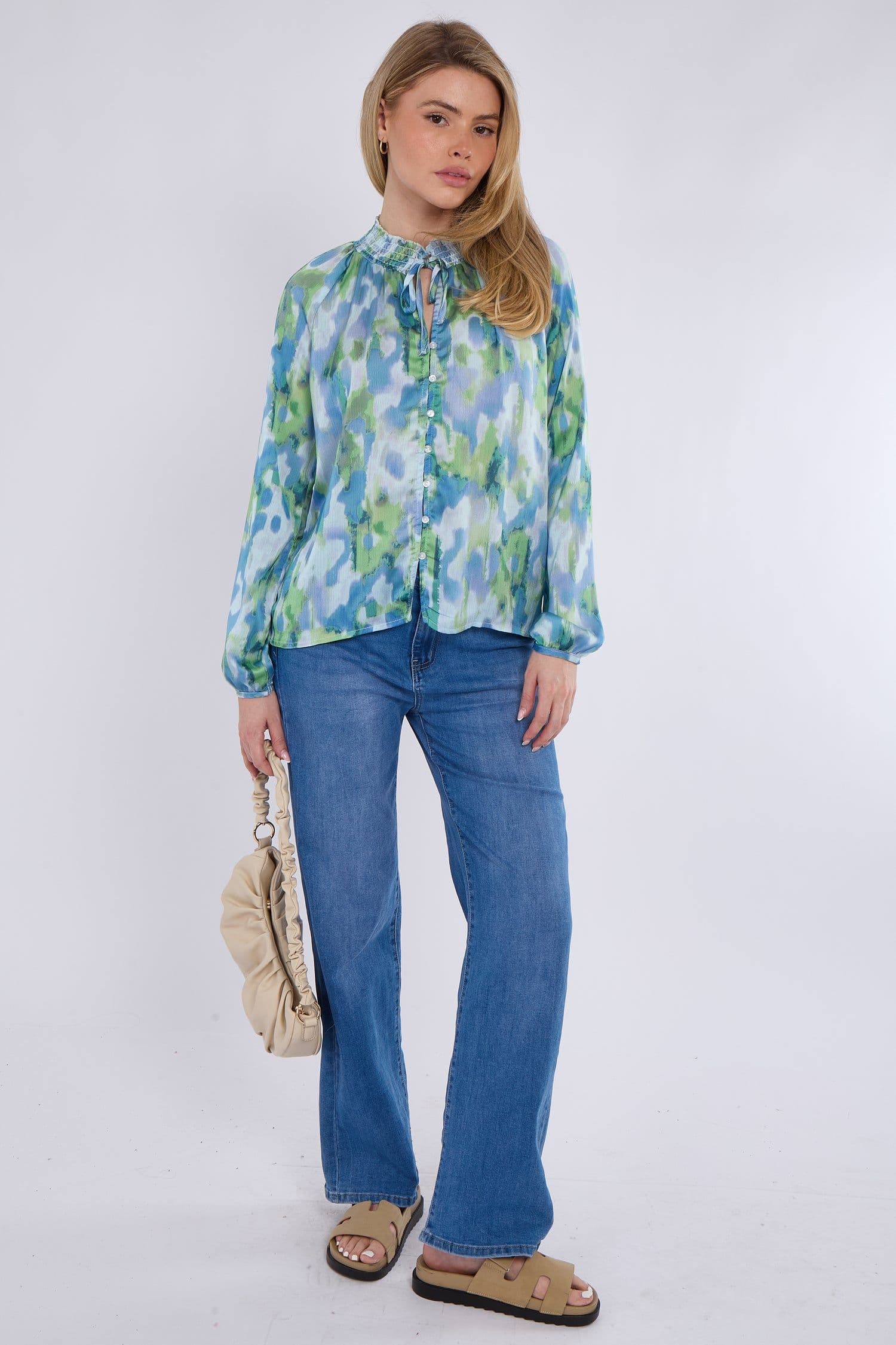 & Green Tie Dye Print Tie Lace Satin Blouse