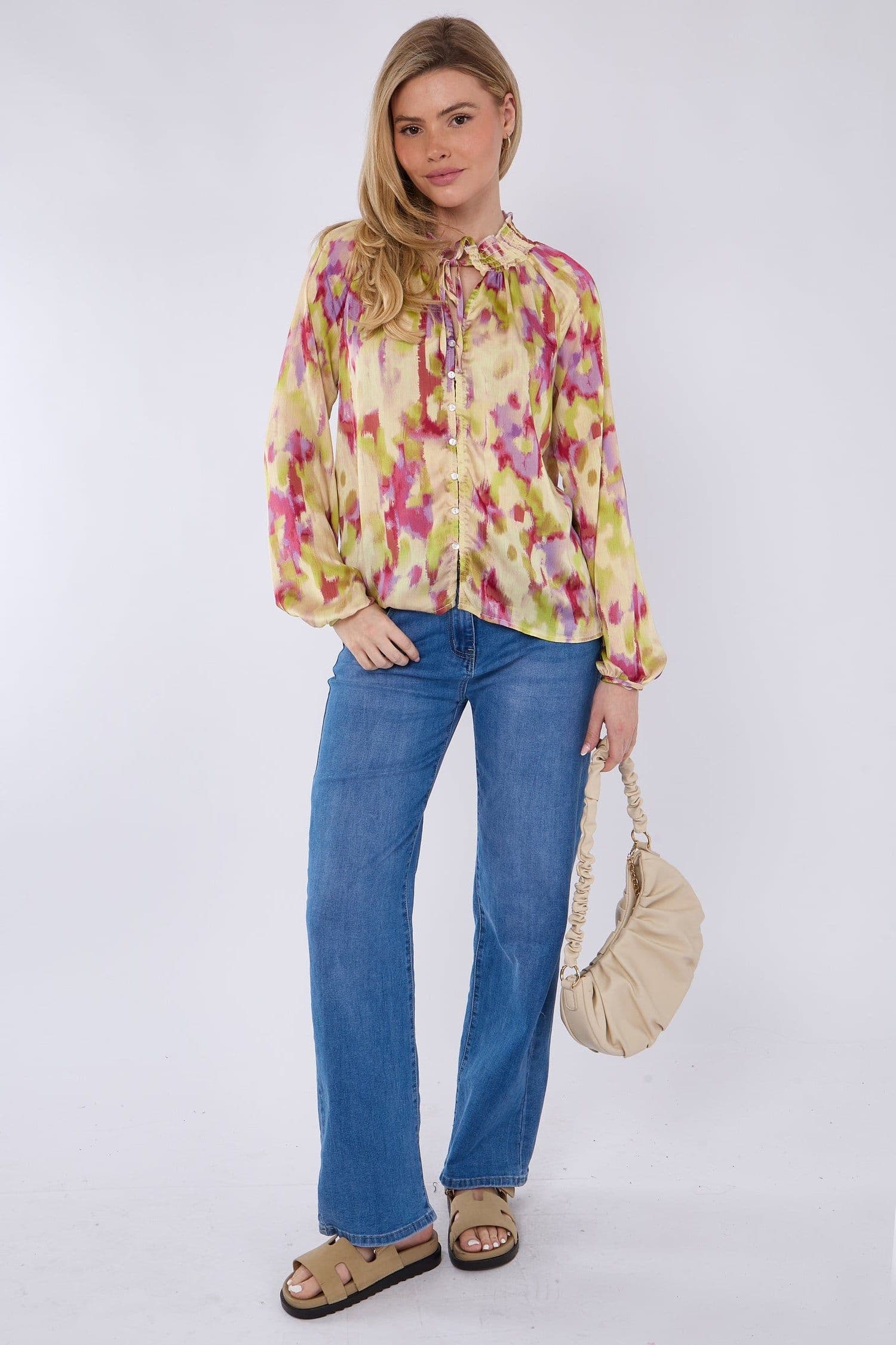 & Lime Tie Dye Print Tie Lace Satin Blouse