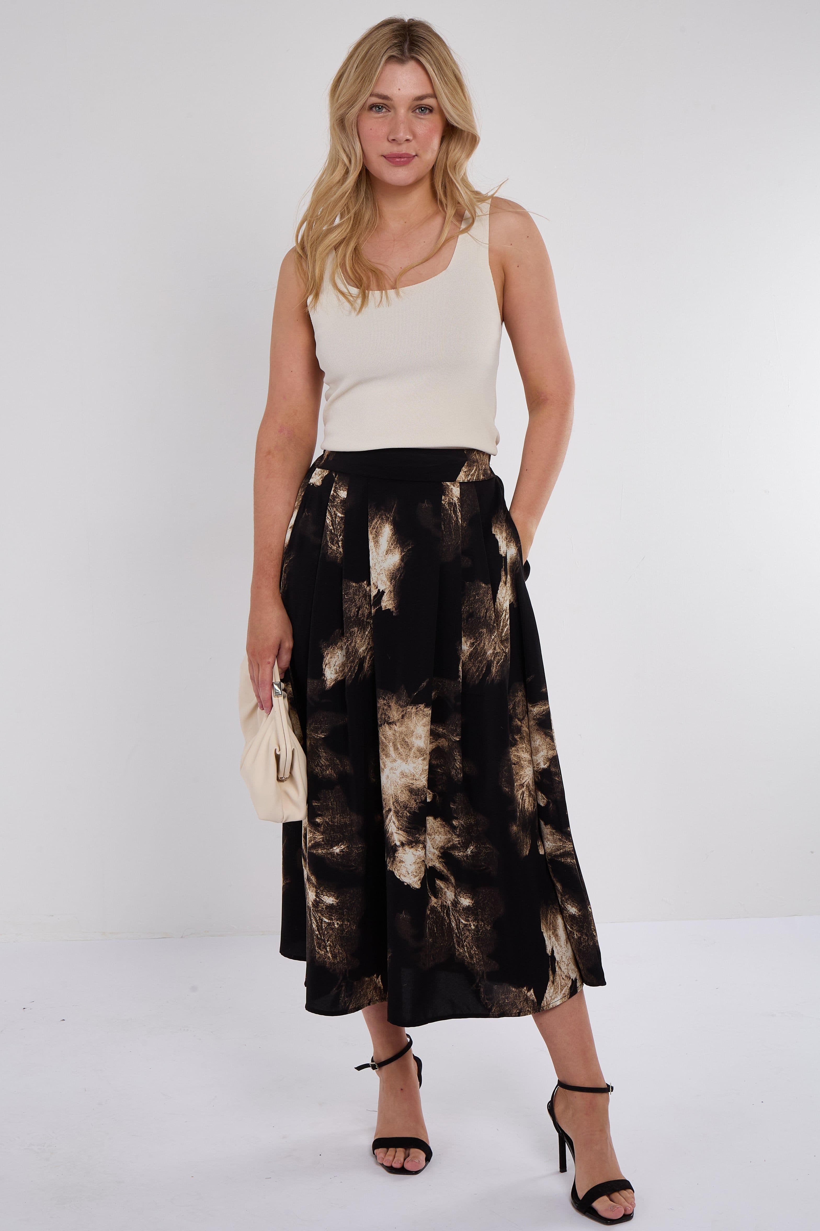 Brushstroke Print Midi Skirt